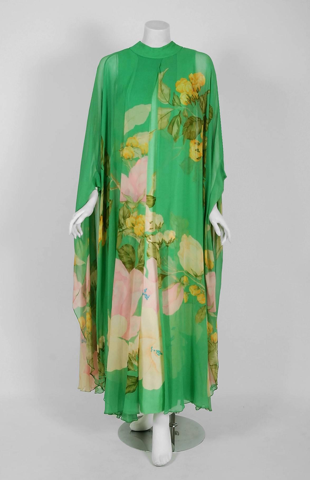 Gorgeous 1970's museum-quality, iconic and instantly recognizable caftan gown by Hanae Mori. Whilst on a Paris holiday in 1960, Mori had a fateful fitting with Coco Chanel. She claimed this meeting changed her life and she challenged herself to