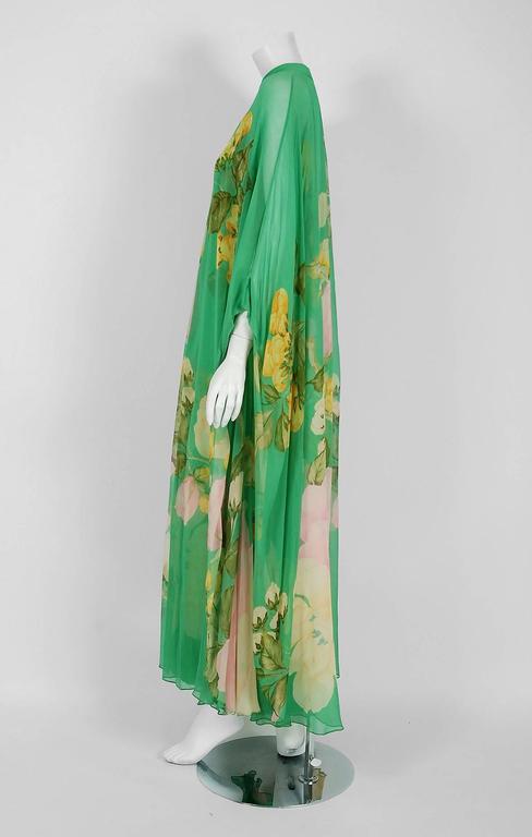 1970s Hanae Mori Gold Metallic Lame Floral Printed Black Silk Chiffon Dress main image 1