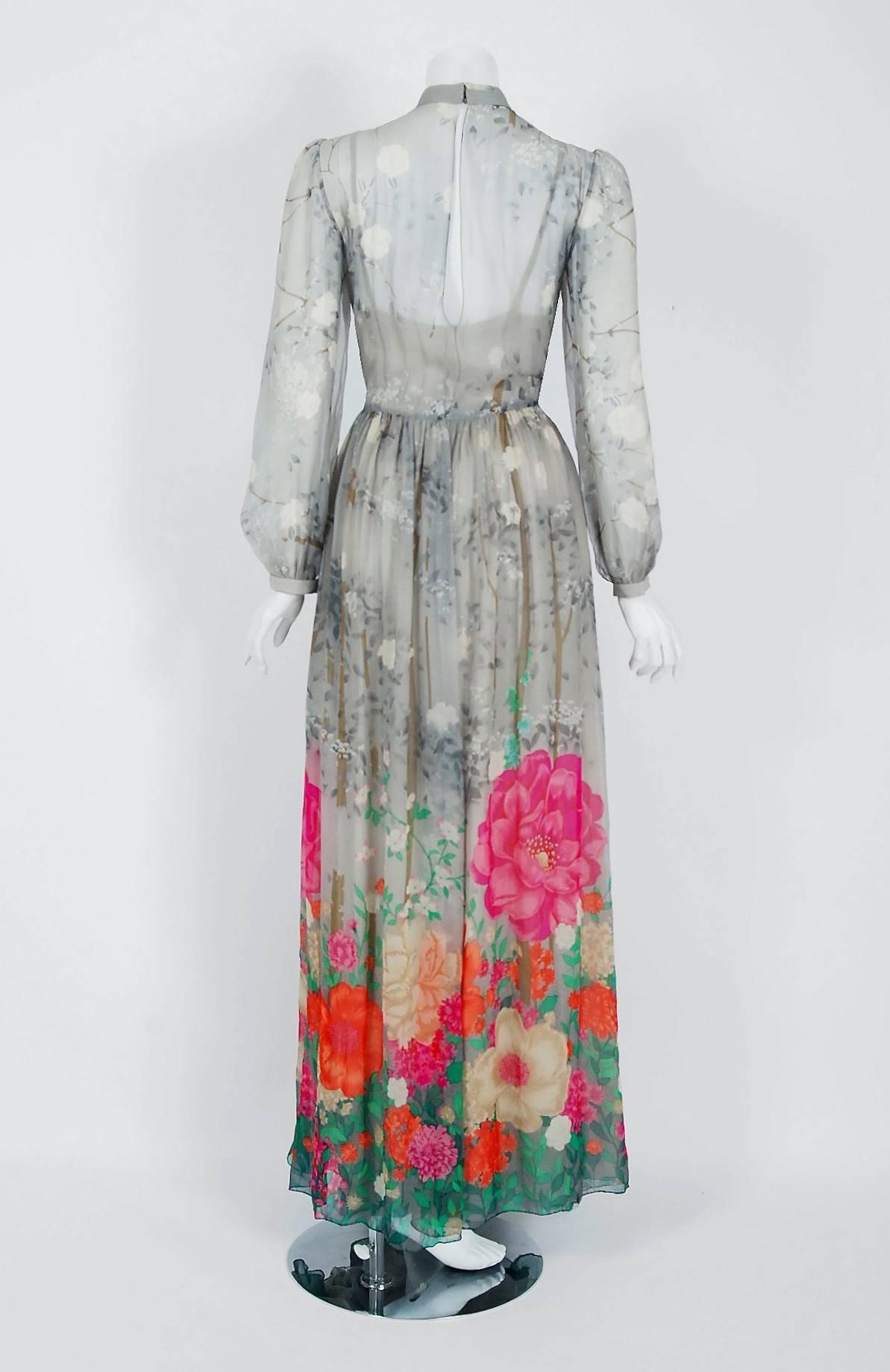 Gray Vintage 1970's Hanae Mori Couture Floral Sheer Silk Billow Sleeve Illusion Gown