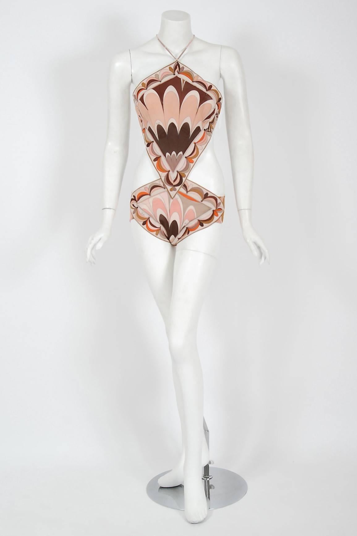 Beige 1969 Emilio Pucci Documented Pink & Brown Graphic Print Cut-Out Bikini Swimsuit