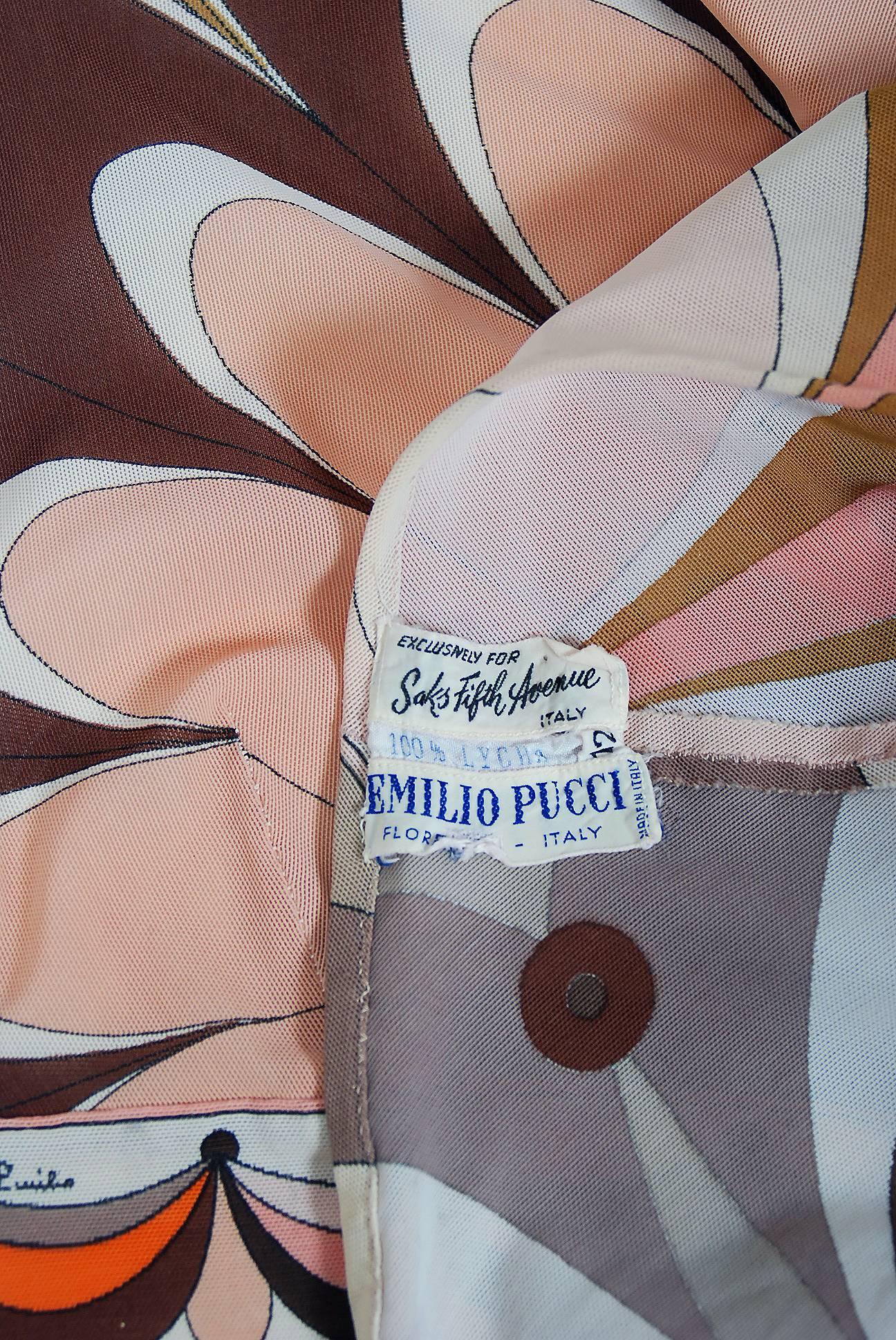 1969 Emilio Pucci Documented Pink & Brown Graphic Print Cut-Out Bikini Swimsuit 3