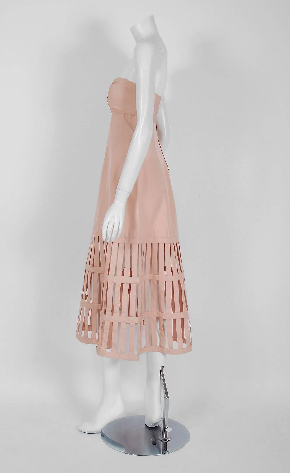 Beige 1990's Valentino Pale-Pink Silk Strapless Plunge Birdcage Cut-Out Resort Dress