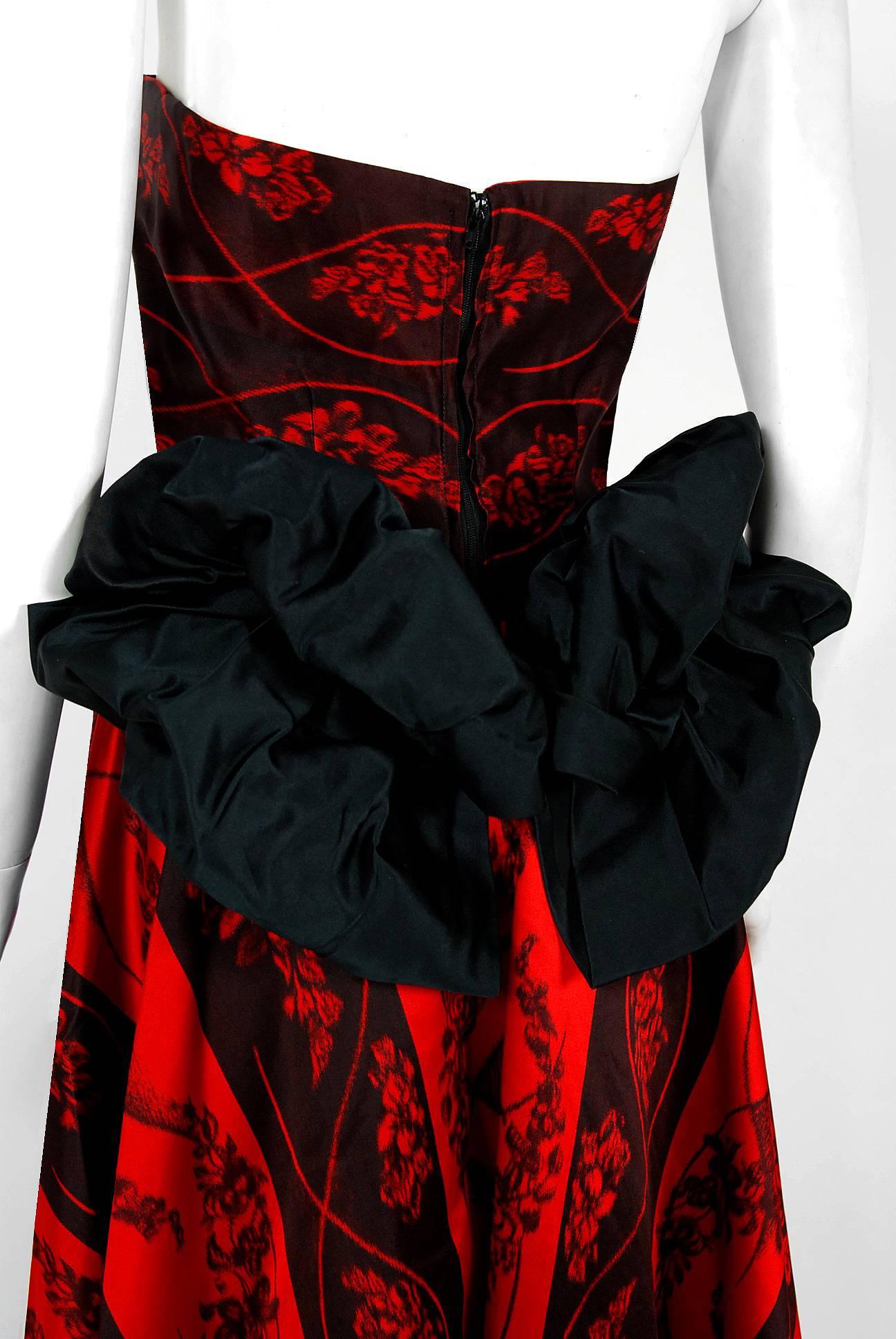 Women's Vintage 1957 Bergdorf Goodman Couture Red Floral Silk Strapless Bustle Gown