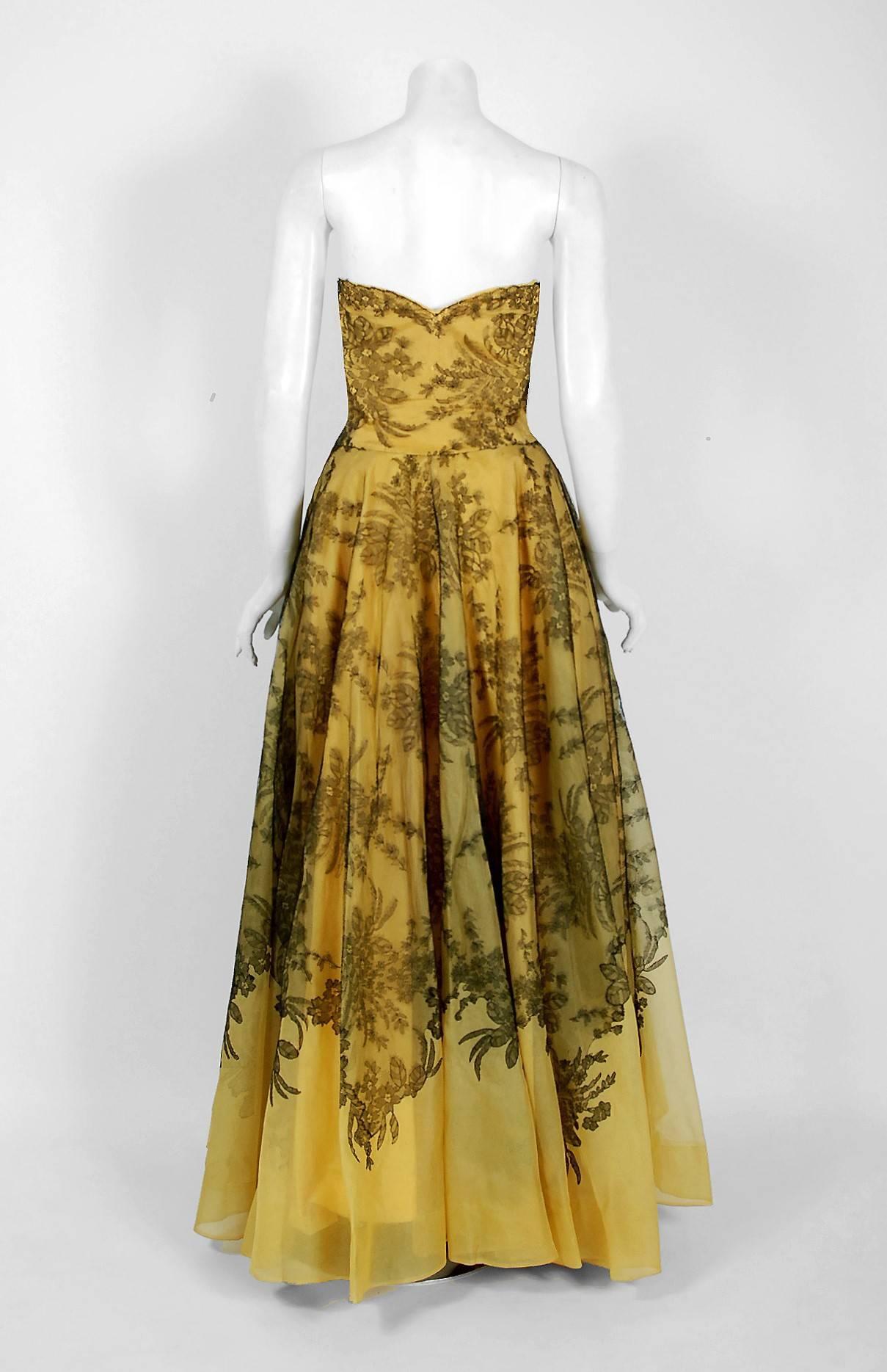 1950's Sydonia Couture Yellow Silk-Organza & Black Chantilly-Lace Applique Gown 2