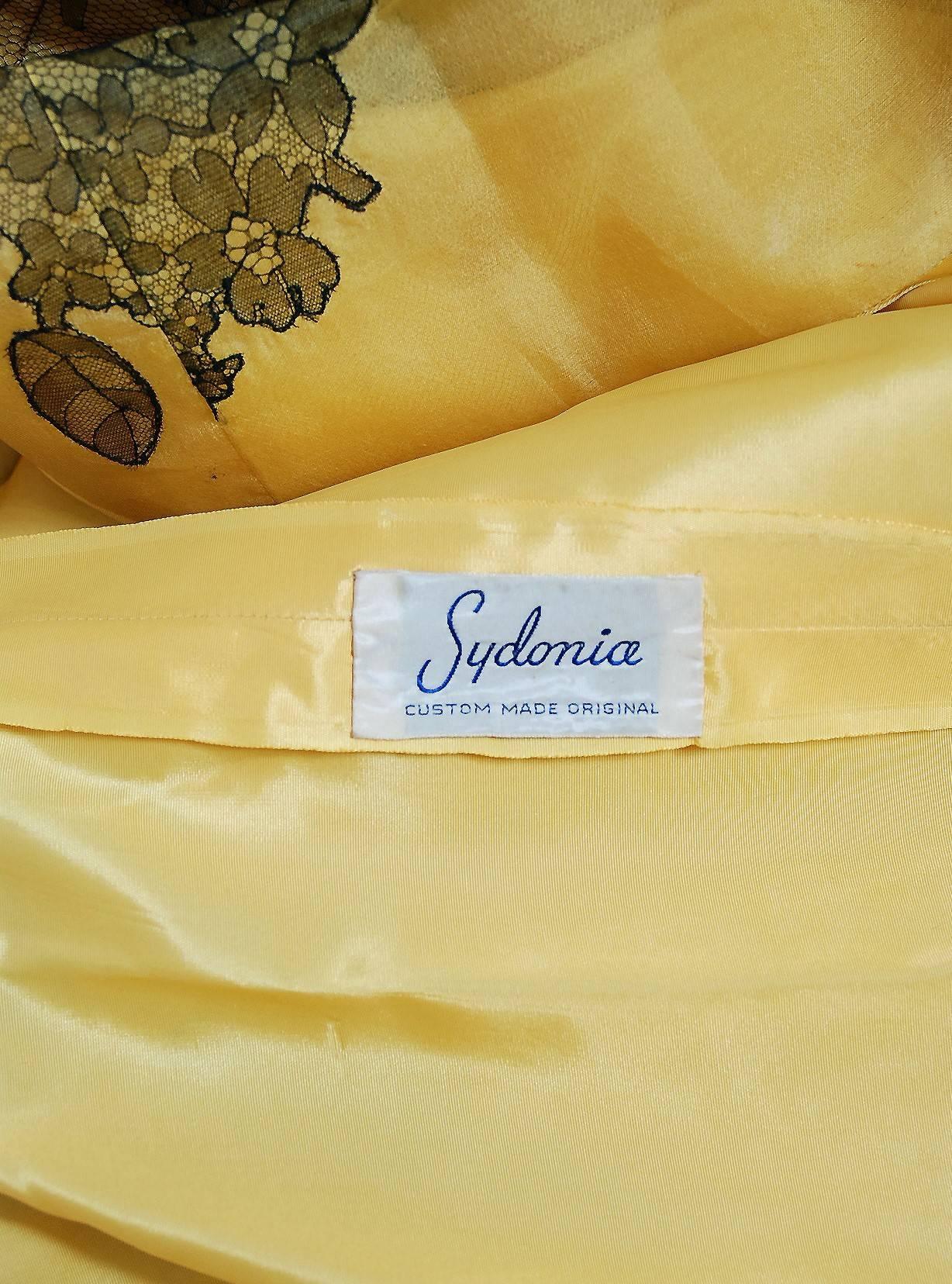 1950's Sydonia Couture Yellow Silk-Organza & Black Chantilly-Lace Applique Gown 3