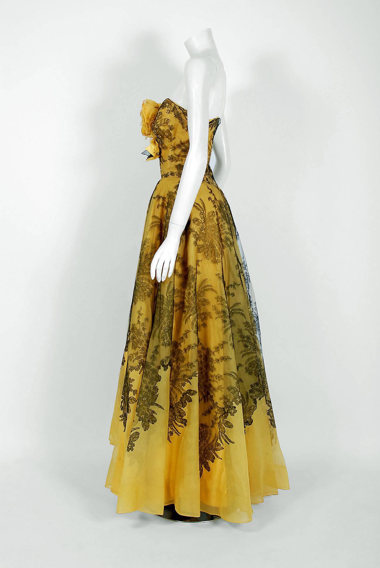 1950's Sydonia Couture Yellow Silk-Organza & Black Chantilly-Lace Applique Gown 1