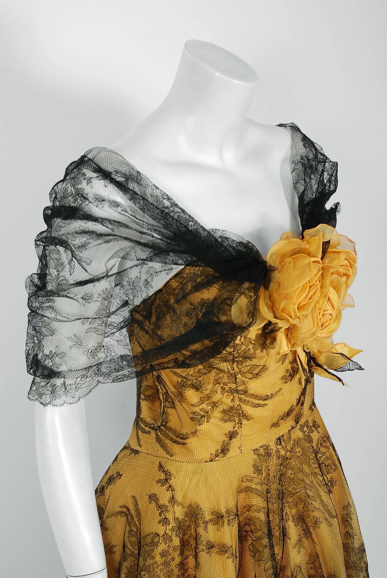 Brown 1950's Sydonia Couture Yellow Silk-Organza & Black Chantilly-Lace Applique Gown