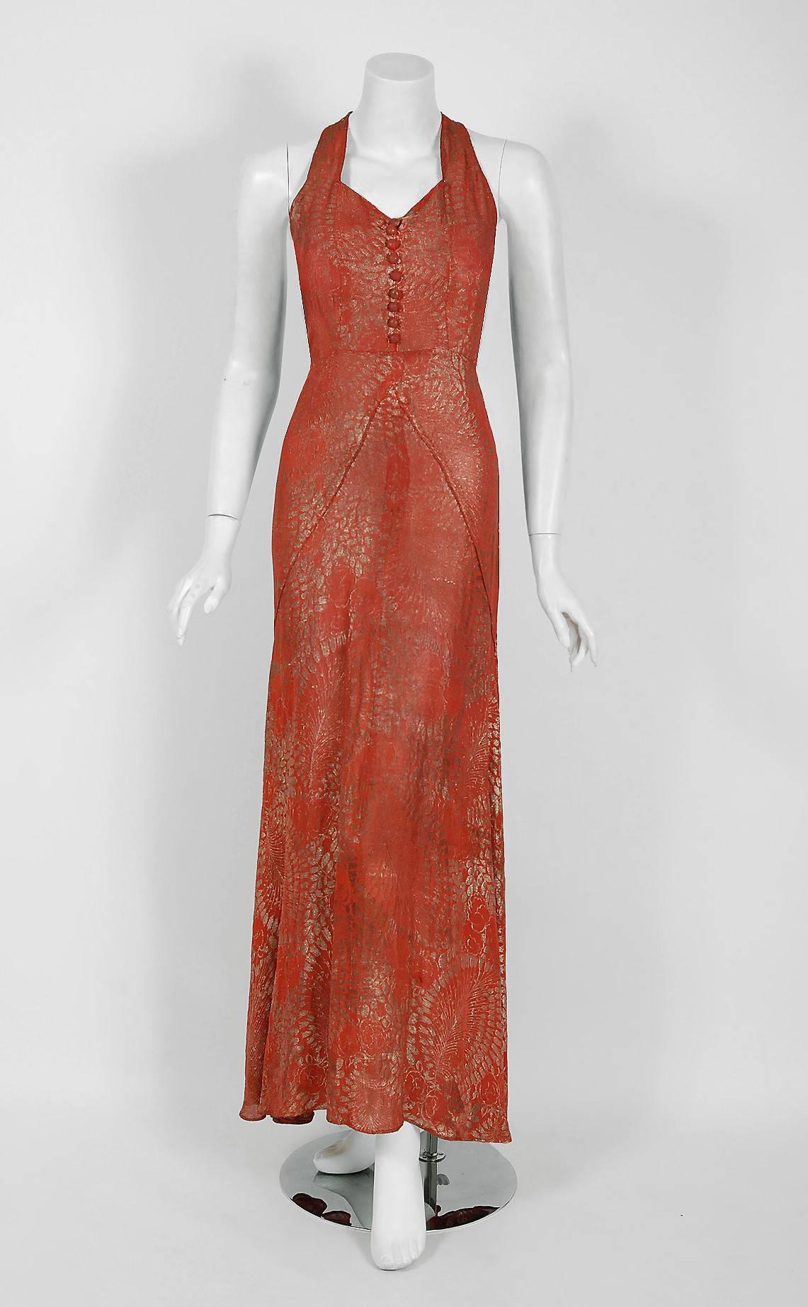 Women's 1930's Couture Metallic Floral Print Lame Bias-Cut Gown & Billow-Sleeve Jacket