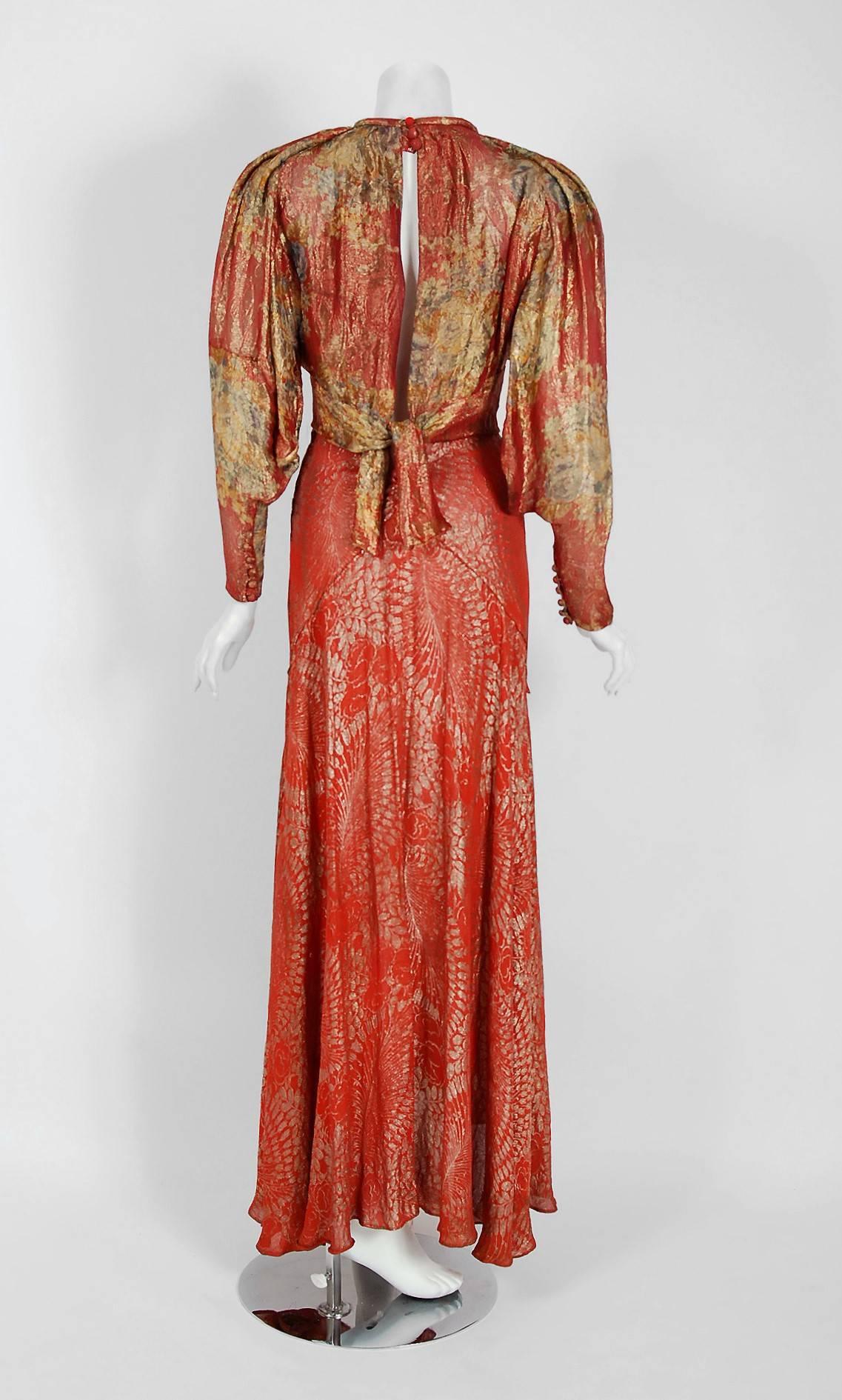1930's Couture Metallic Floral Print Lame Bias-Cut Gown & Billow-Sleeve Jacket 3