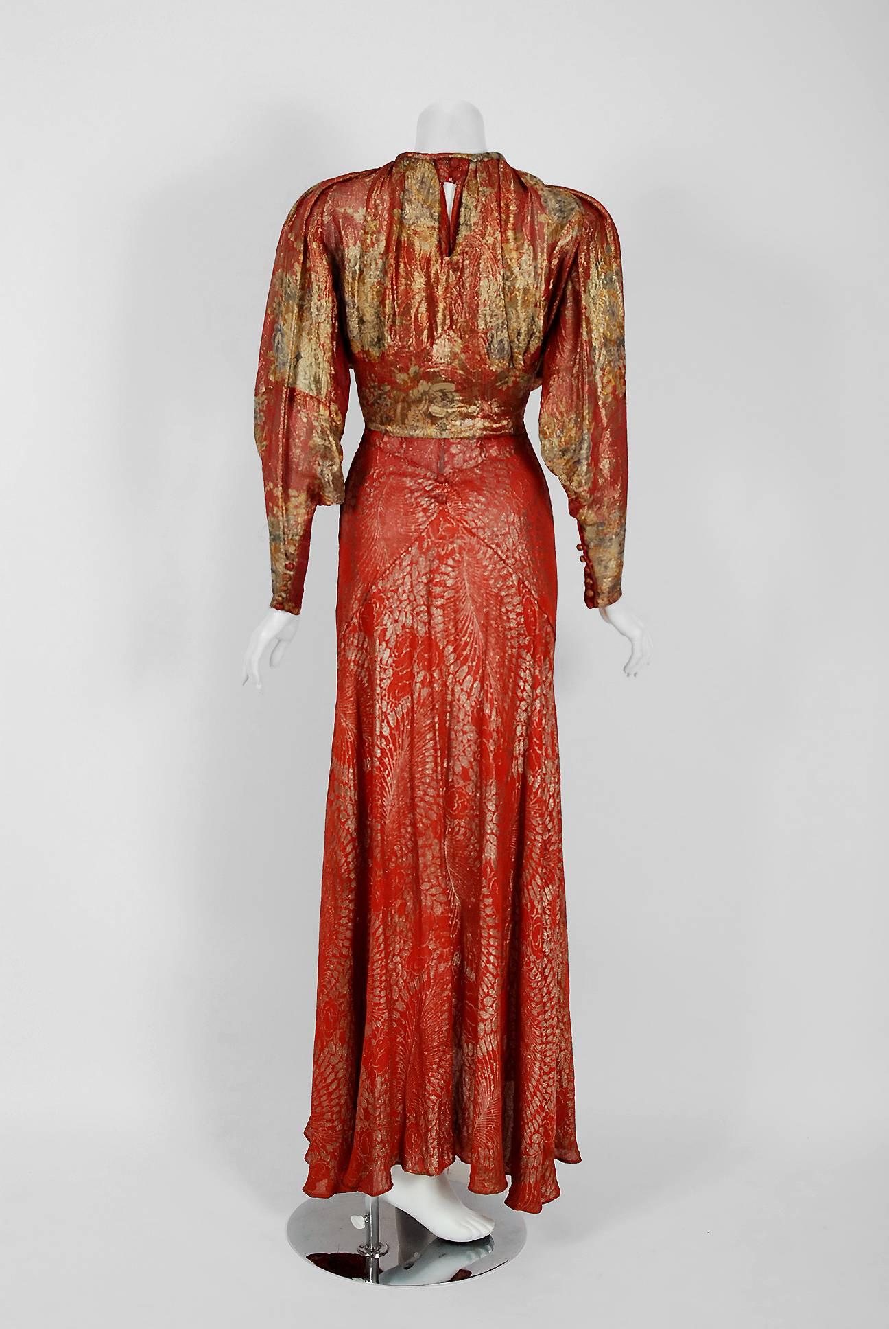 1930's Couture Metallic Floral Print Lame Bias-Cut Gown & Billow-Sleeve Jacket 2