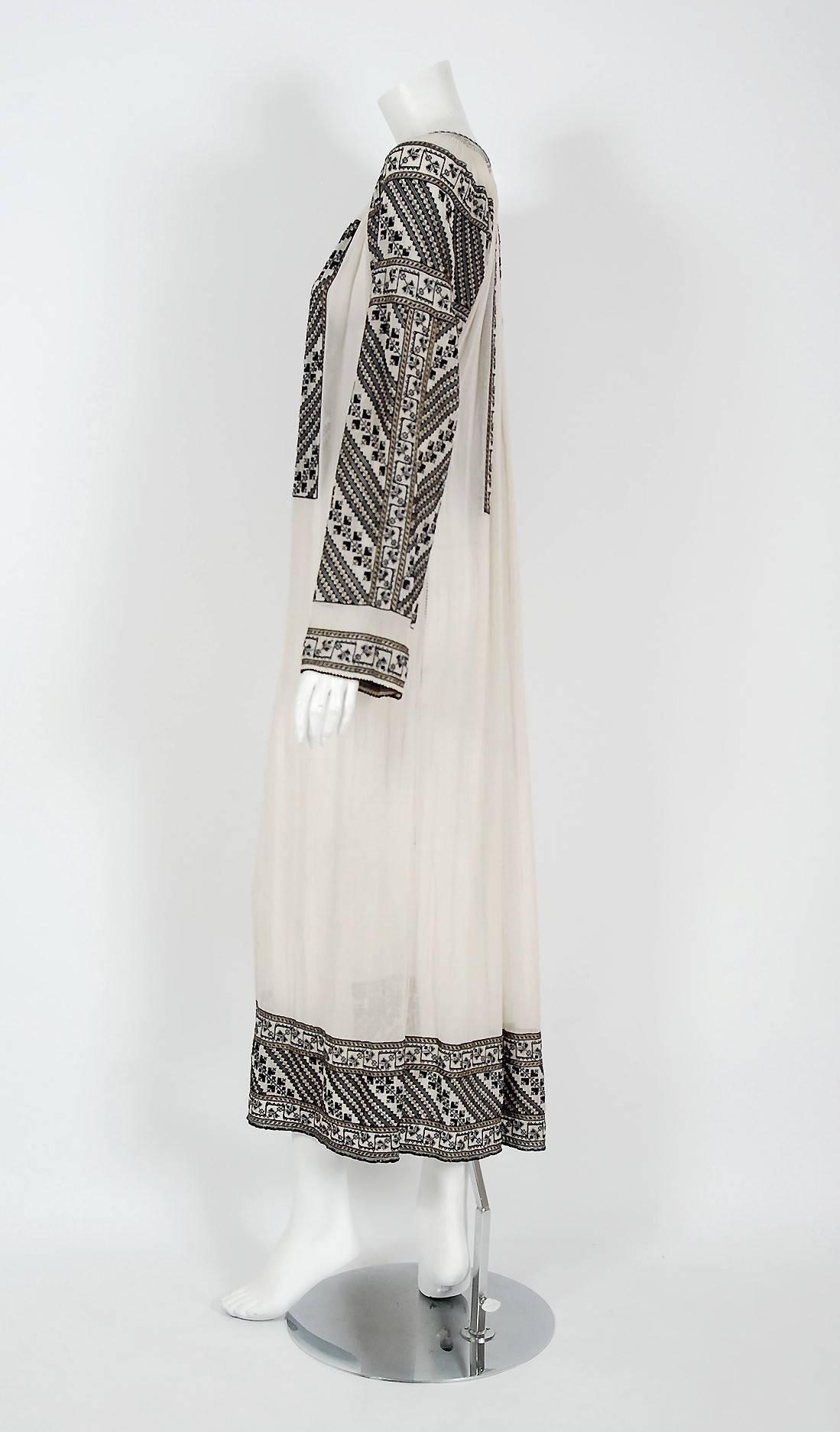 Gray 1920's Metallic Embroidered Ivory-White Gauze Cotton Bohemian Peasant Dress 