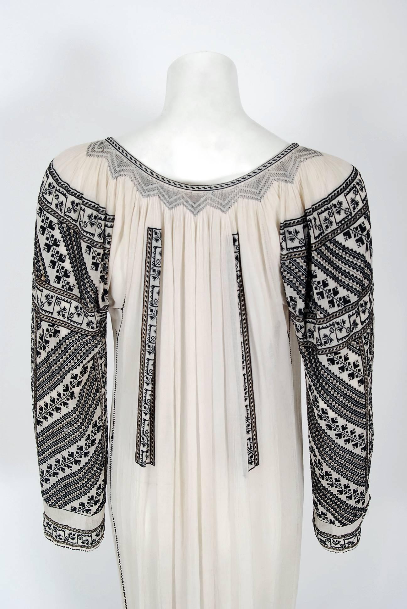 1920's Metallic Embroidered Ivory-White Gauze Cotton Bohemian Peasant Dress  1