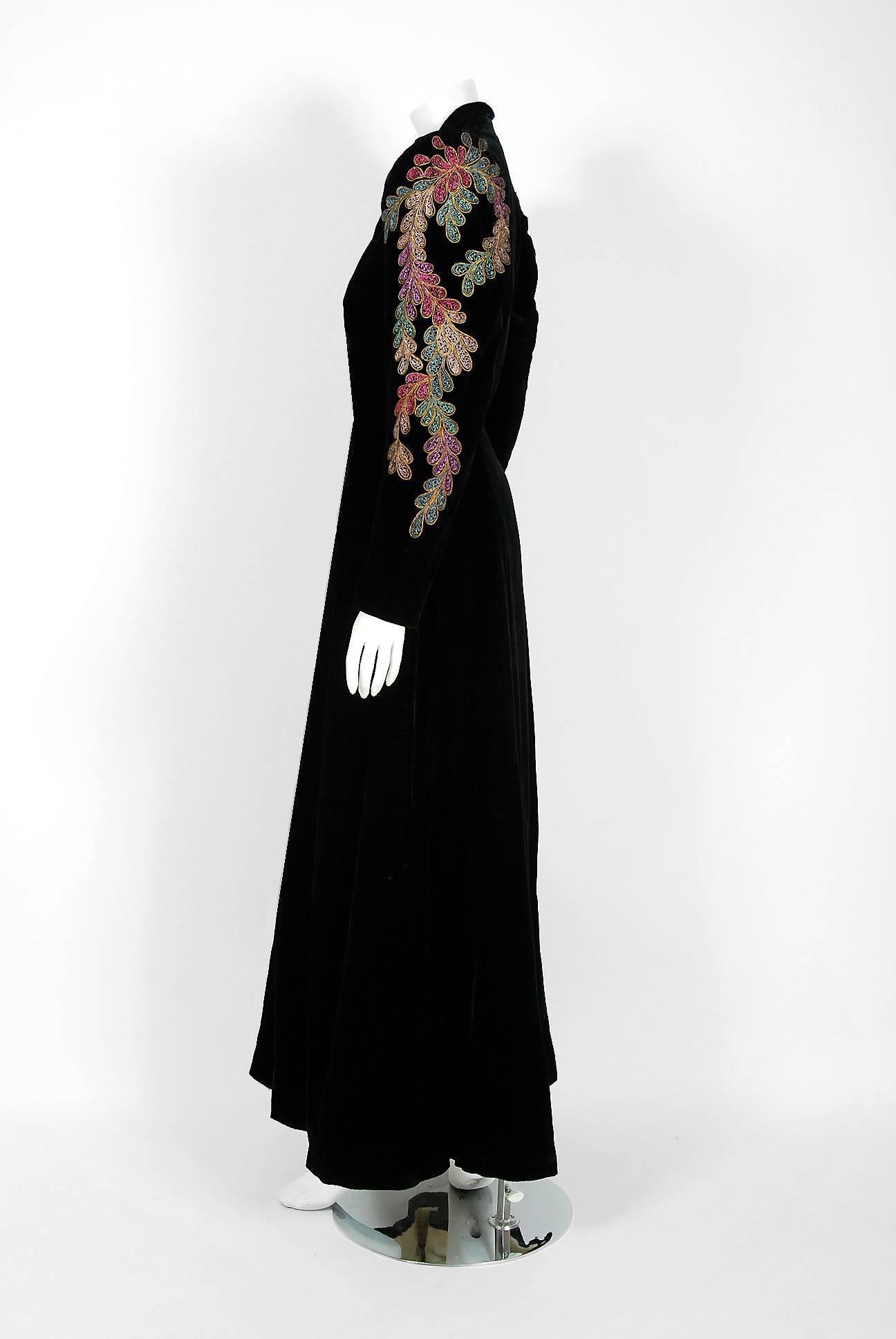 1930's Metallic Soutache Embroidered Black Silk Velvet Puff-Sleeve Maxi Coat  In Excellent Condition In Beverly Hills, CA