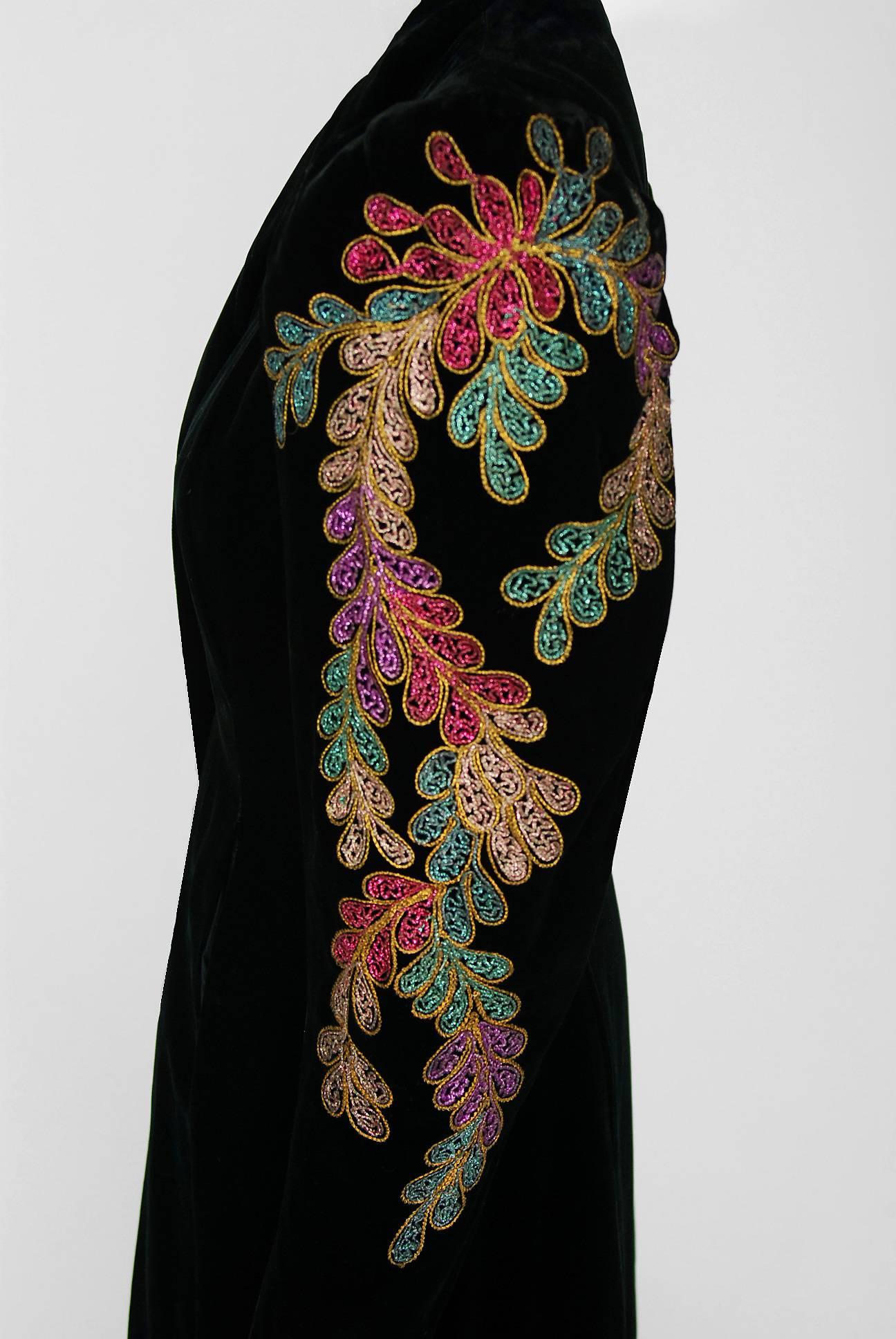Women's 1930's Metallic Soutache Embroidered Black Silk Velvet Puff-Sleeve Maxi Coat 
