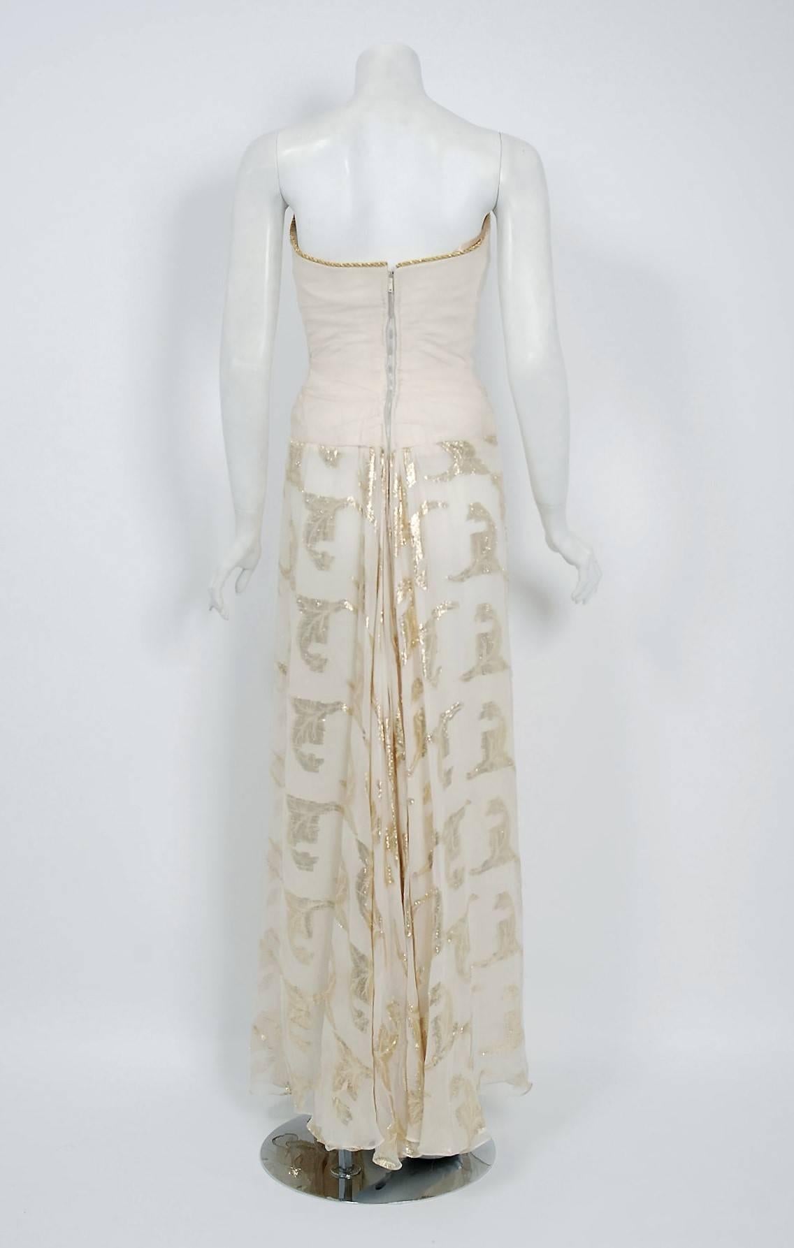 Vintage 1979 Bob Mackie Couture Metallic Ivory Gold Sari-Silk Strapless Gown 2