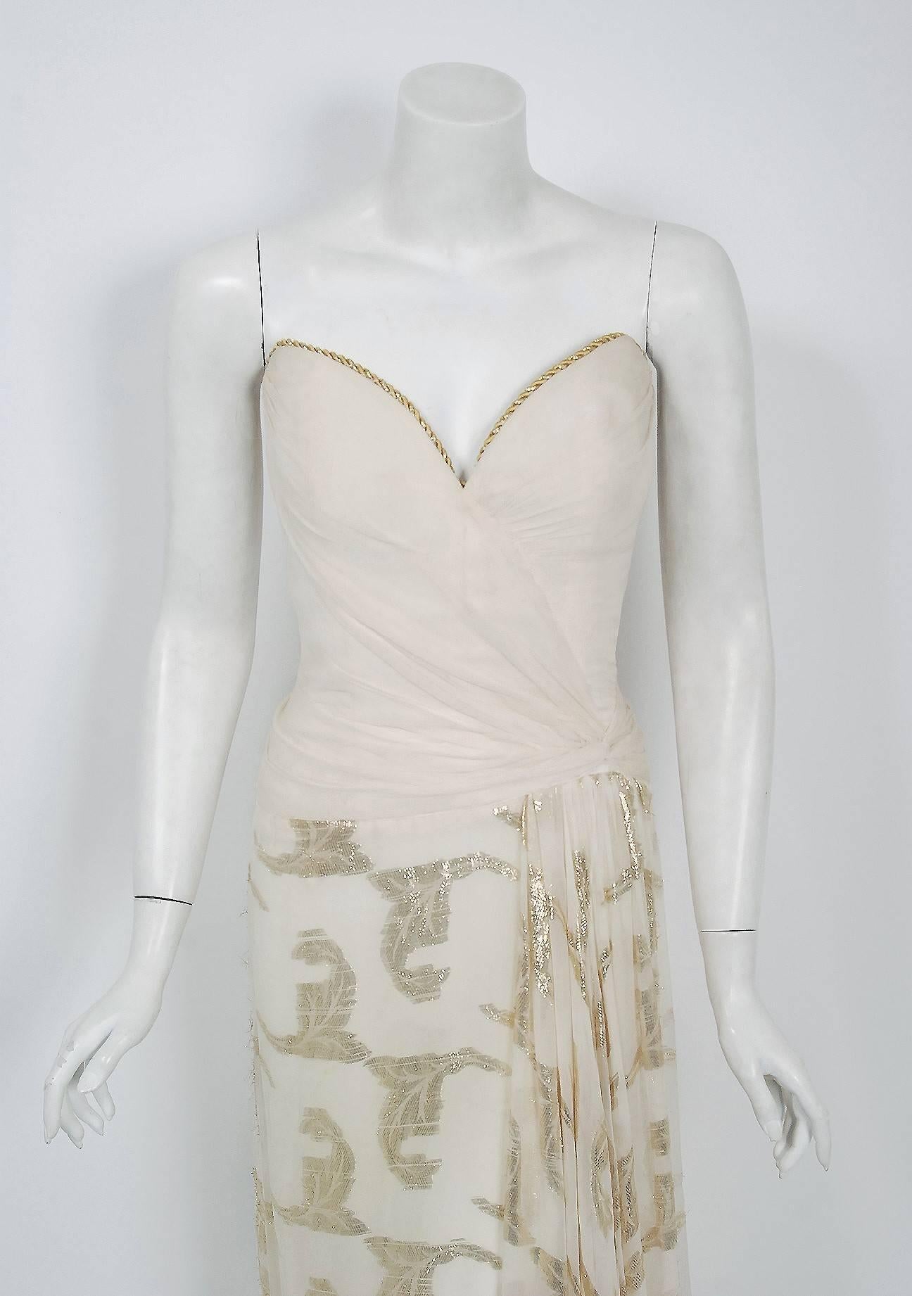 Vintage 1979 Bob Mackie Couture Metallic Ivory Gold Sari-Silk Strapless Gown In Good Condition In Beverly Hills, CA