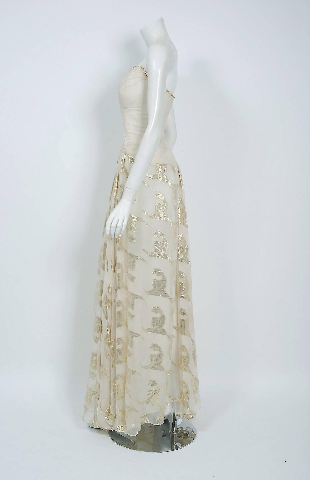Vintage 1979 Bob Mackie Couture Metallic Ivory Gold Sari-Silk Strapless Gown 1