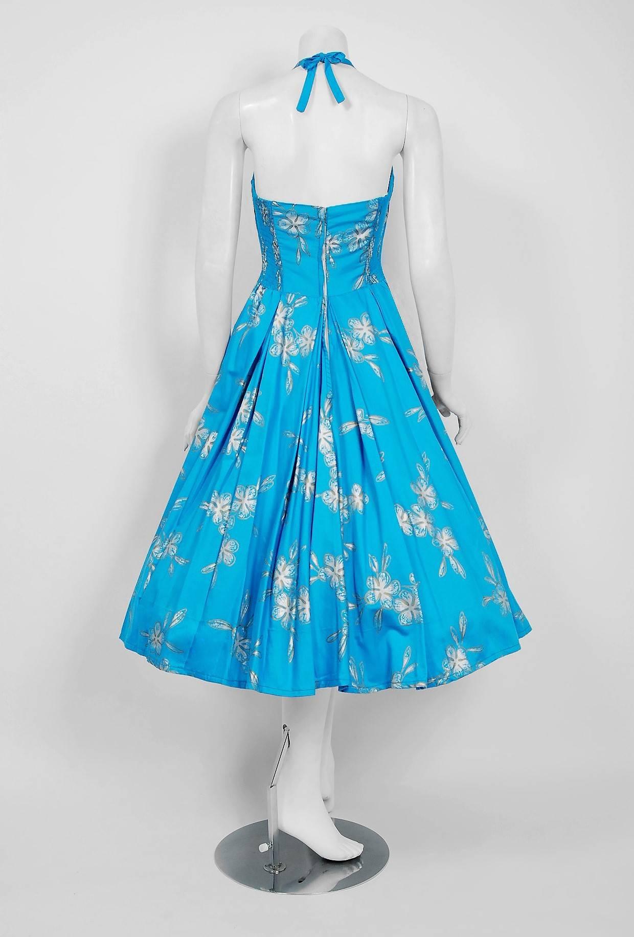 Blue 1950's Hawaiian Tropical-Floral Metallic Turquoise Print Cotton Halter Dress