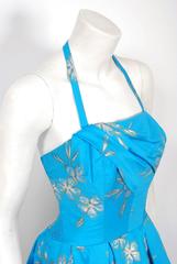 1950's Hawaiian Tropical-Floral Metallic Turquoise Print Cotton Halter Dress