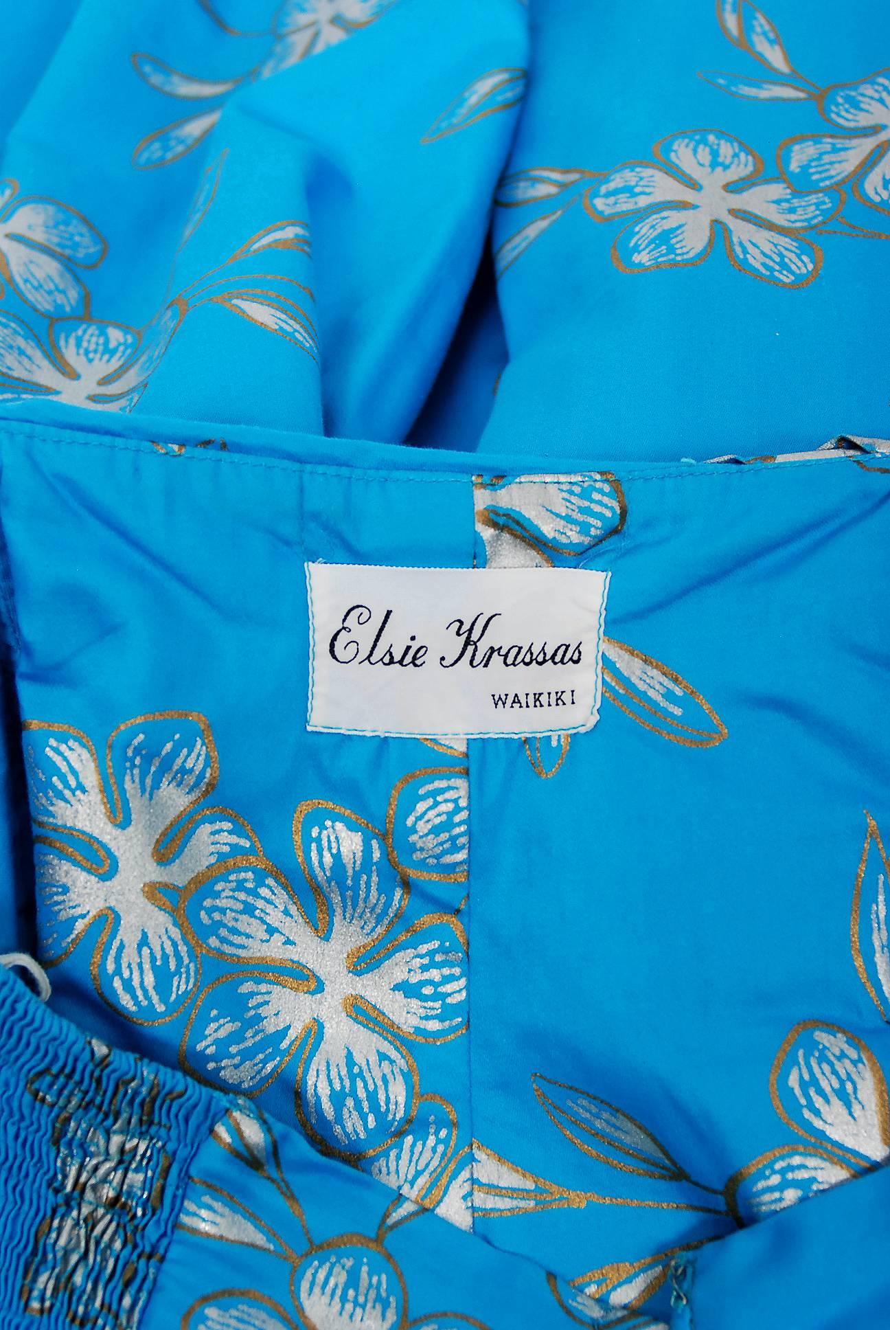 Women's 1950's Hawaiian Tropical-Floral Metallic Turquoise Print Cotton Halter Dress