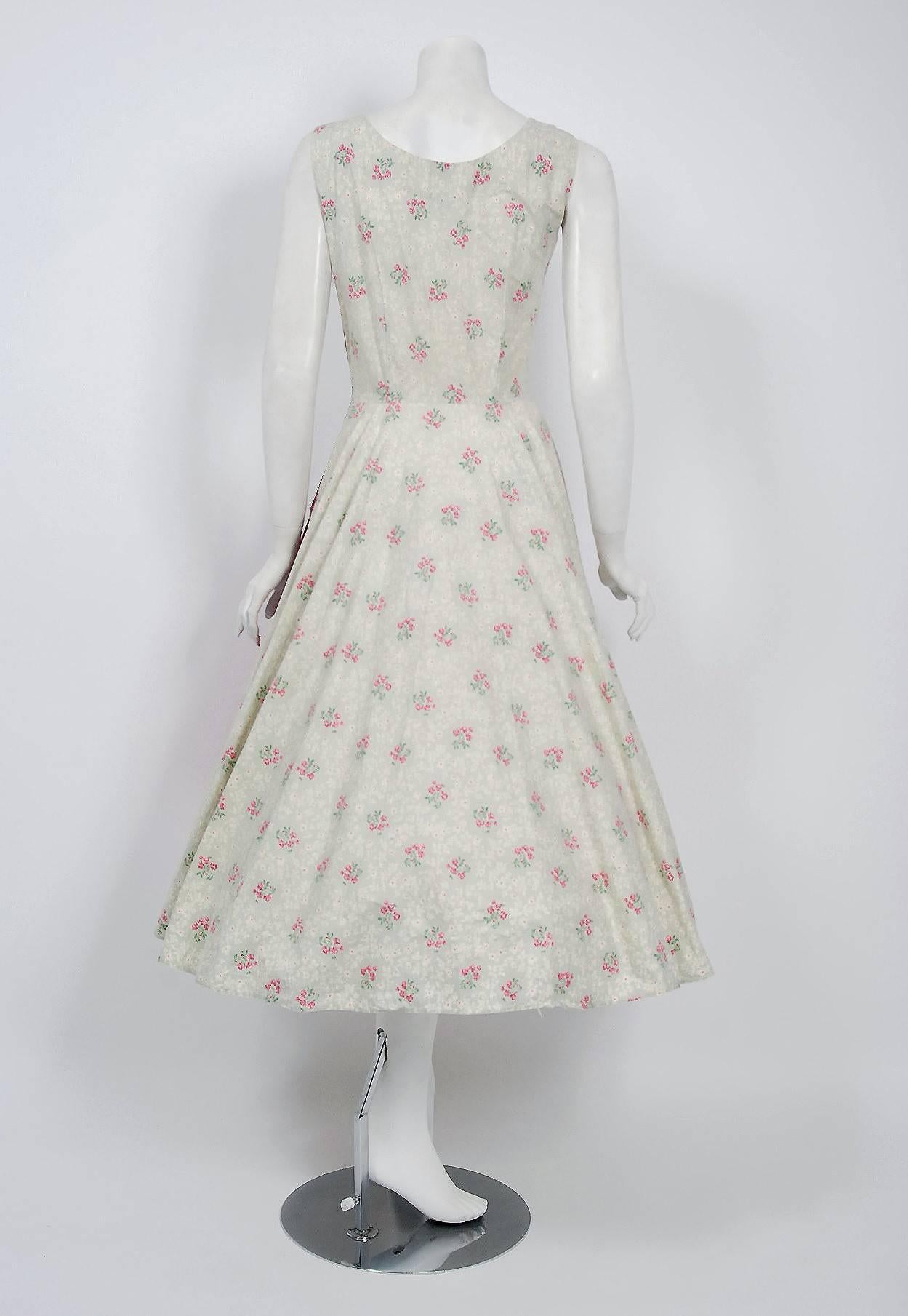 Beige 1950's Embroidered Pink-Floral Print Quilted Rhinestone Cotton Full-Skirt Dress
