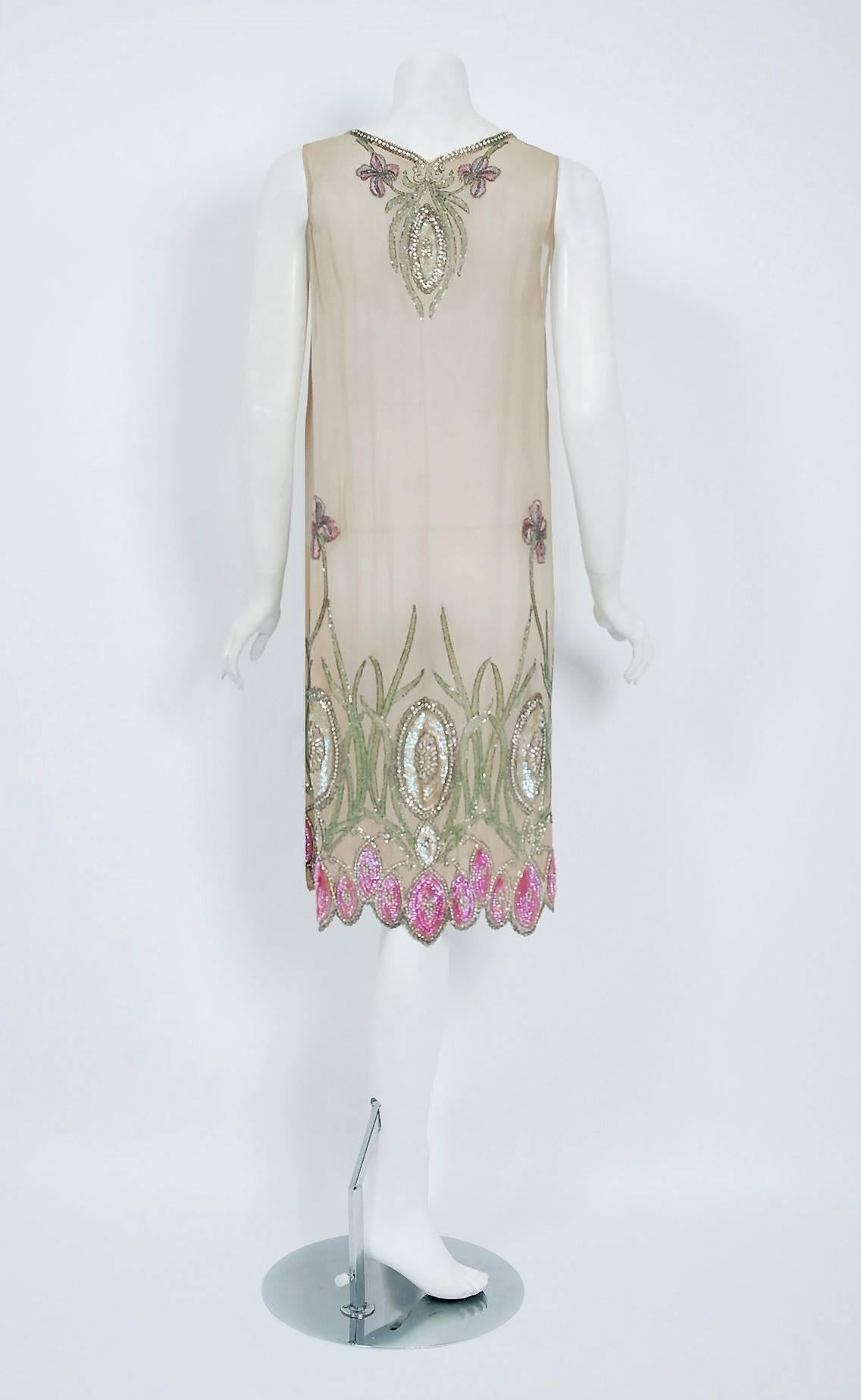 1920's Floral Garden Beaded Rhinestone Embroidered Silk-Chiffon Flapper Dress 1