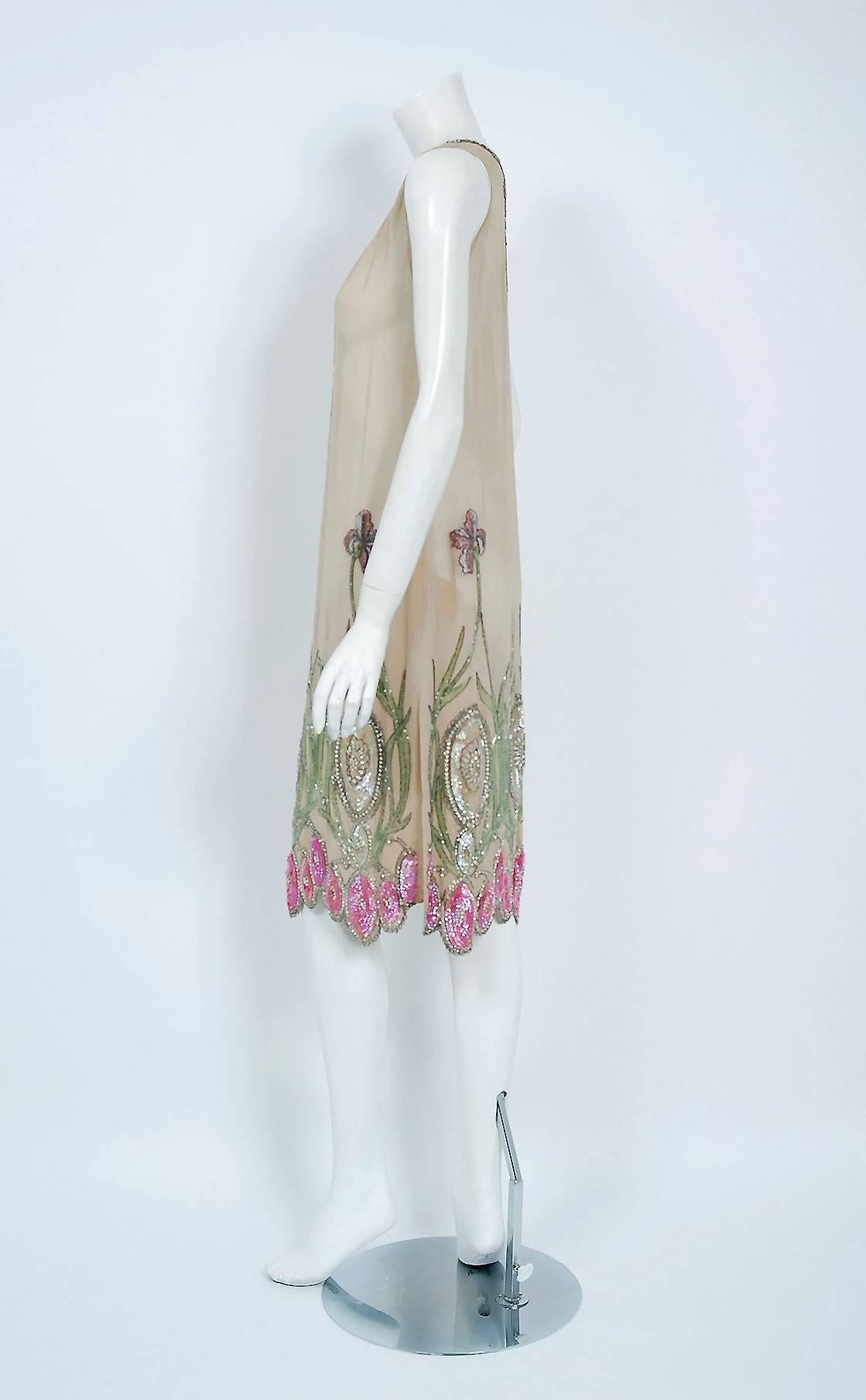 1920's Floral Garden Beaded Rhinestone Embroidered Silk-Chiffon Flapper Dress In Excellent Condition In Beverly Hills, CA