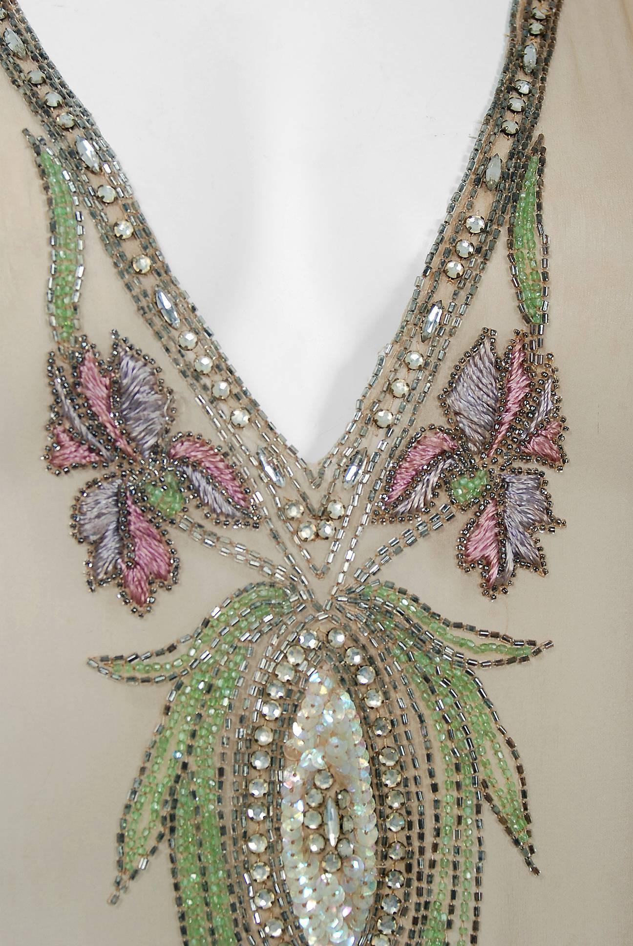 Beige 1920's Floral Garden Beaded Rhinestone Embroidered Silk-Chiffon Flapper Dress