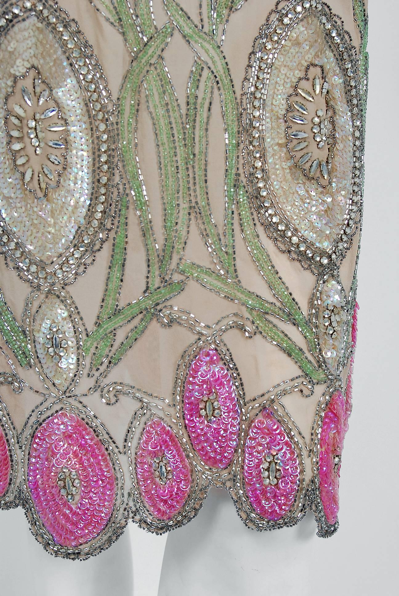Women's 1920's Floral Garden Beaded Rhinestone Embroidered Silk-Chiffon Flapper Dress