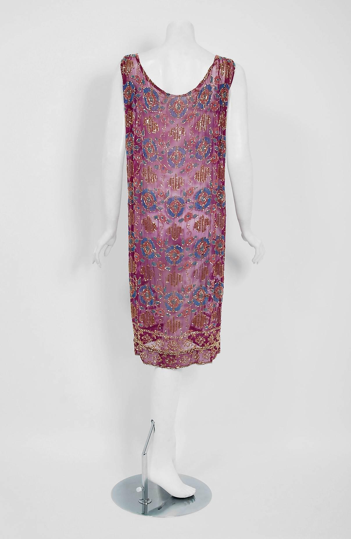 1920's French Couture Purple Beaded Sequin Deco Floral Chiffon Flapper Dress 1