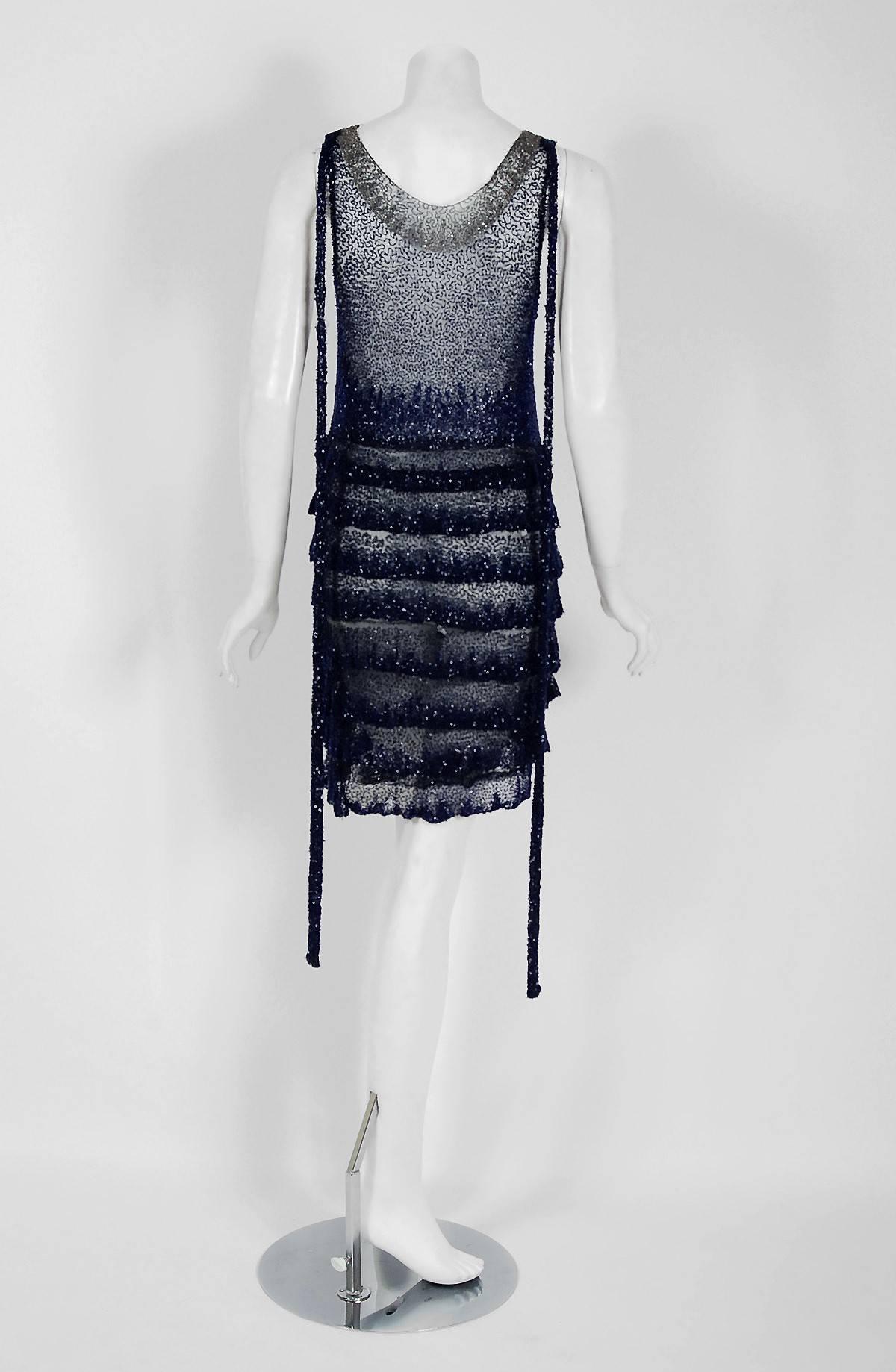 1920's Opulent Sapphire-Blue & Black Beaded Sheer Net Tiered Deco Flapper Dress 1