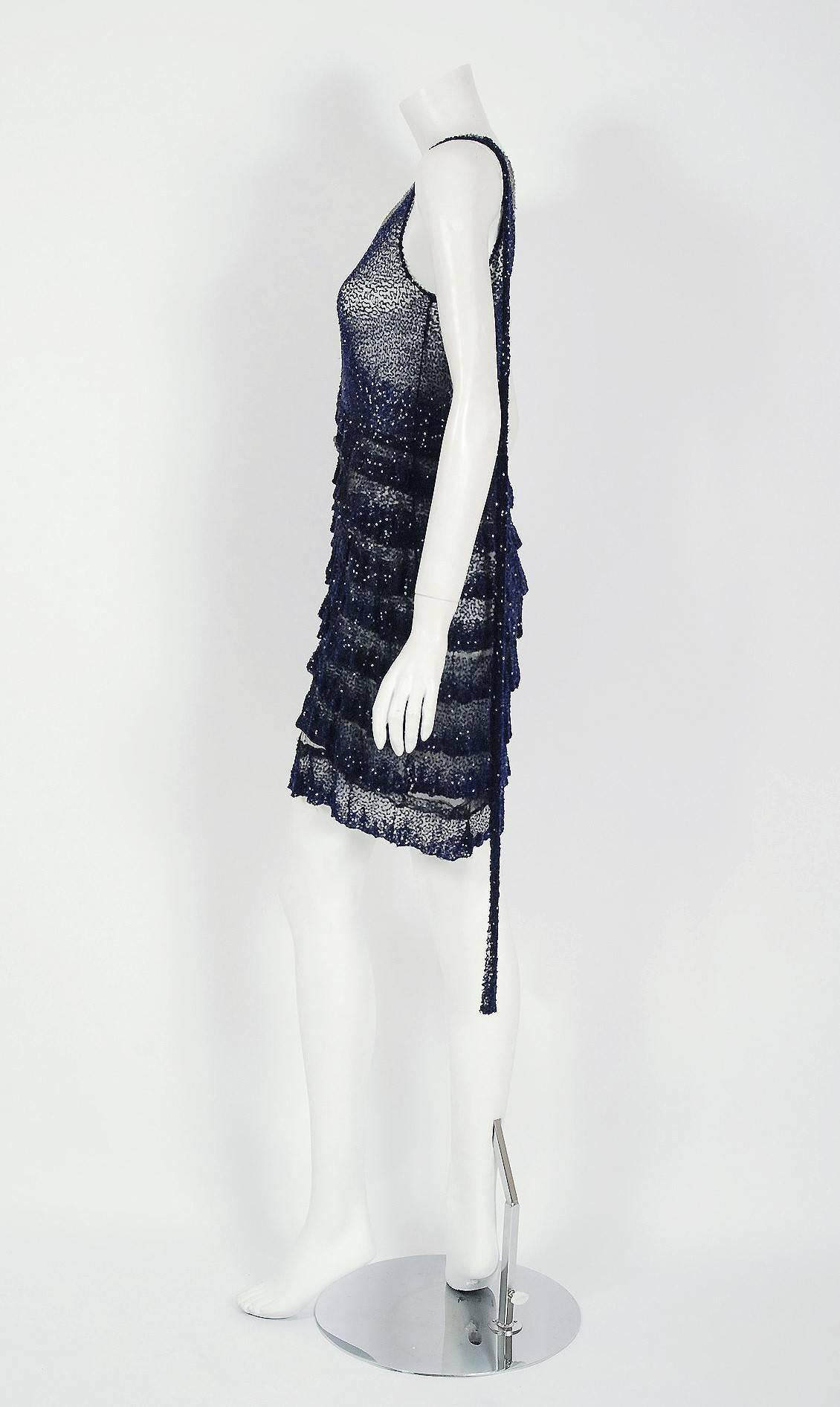 Women's 1920's Opulent Sapphire-Blue & Black Beaded Sheer Net Tiered Deco Flapper Dress