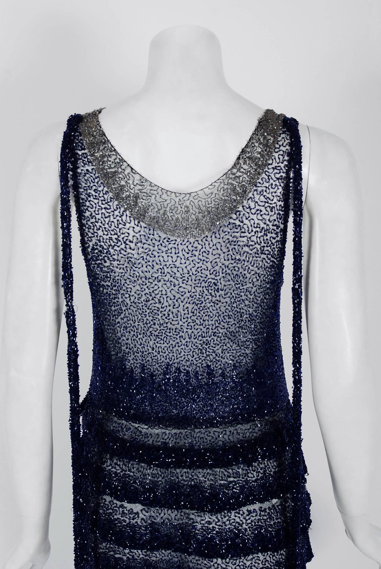 1920's Opulent Sapphire-Blue & Black Beaded Sheer Net Tiered Deco Flapper Dress 2