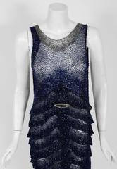1920's Opulent Sapphire-Blue & Black Beaded Sheer Net Tiered Deco Flapper Dress