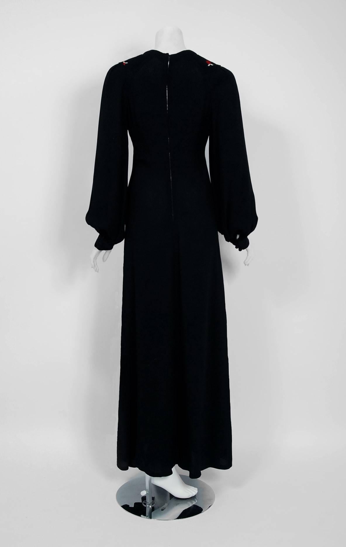 1970's Ossie Clark Embroidered Key-Hole Black Crepe Billow Sleeve Maxi Dress 1