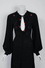 1970's Ossie Clark Embroidered Key-Hole Black Crepe Billow Sleeve Maxi Dress