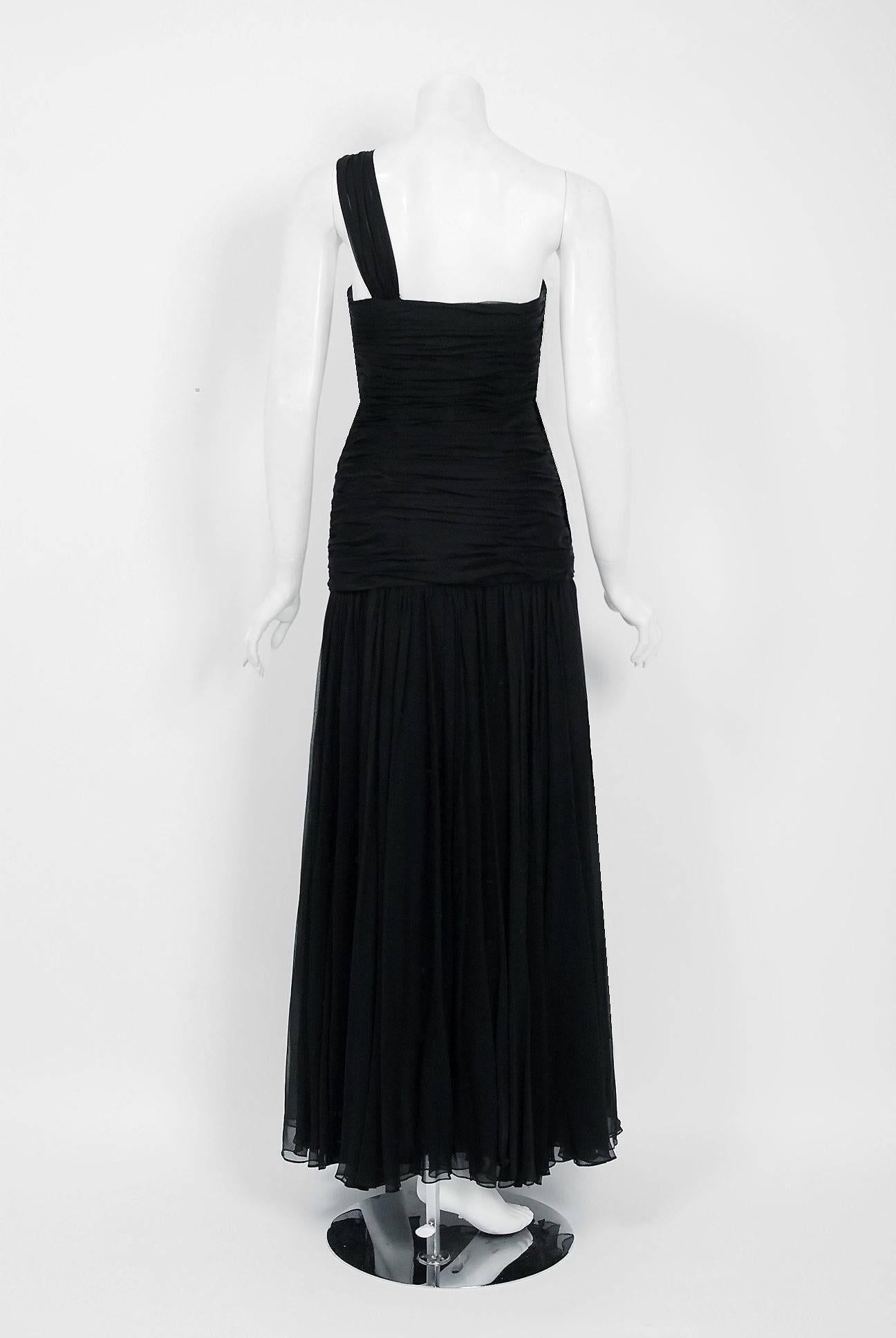 Women's 1970's Adele Simpson Black Draped Silk Chiffon One-Shoulder Goddess Dress Gown