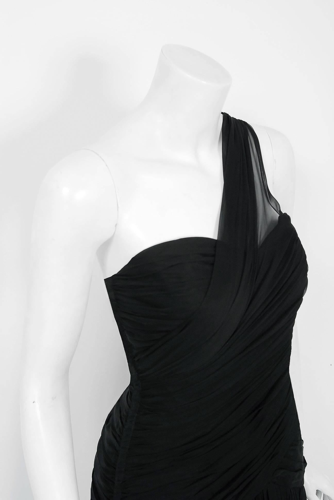 1970's Adele Simpson Black Draped Silk Chiffon One-Shoulder Goddess Dress Gown In Excellent Condition In Beverly Hills, CA