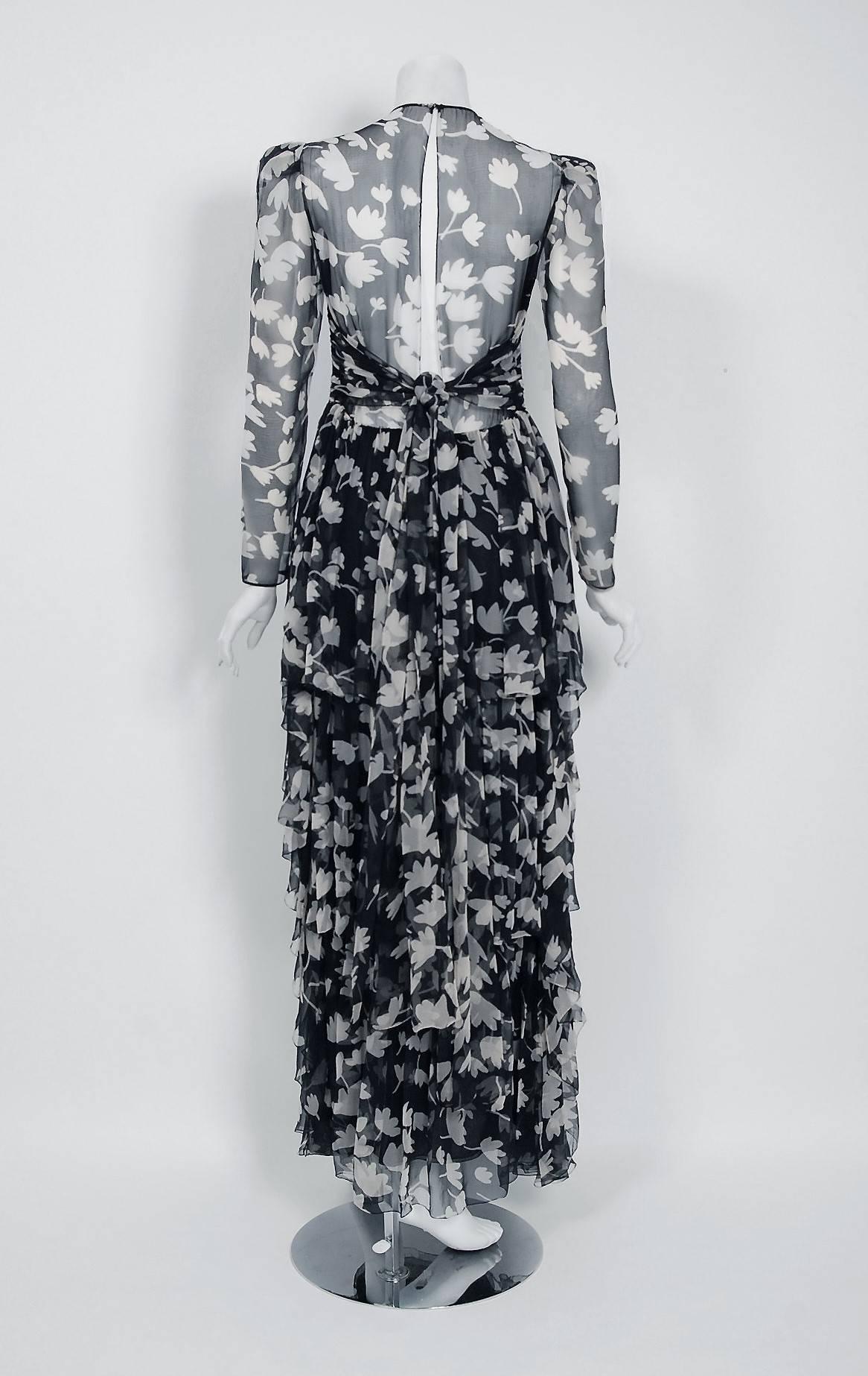 Women's 1982 Galanos Couture Black White Floral Print Chiffon Long-Sleeve Tiered Gown 