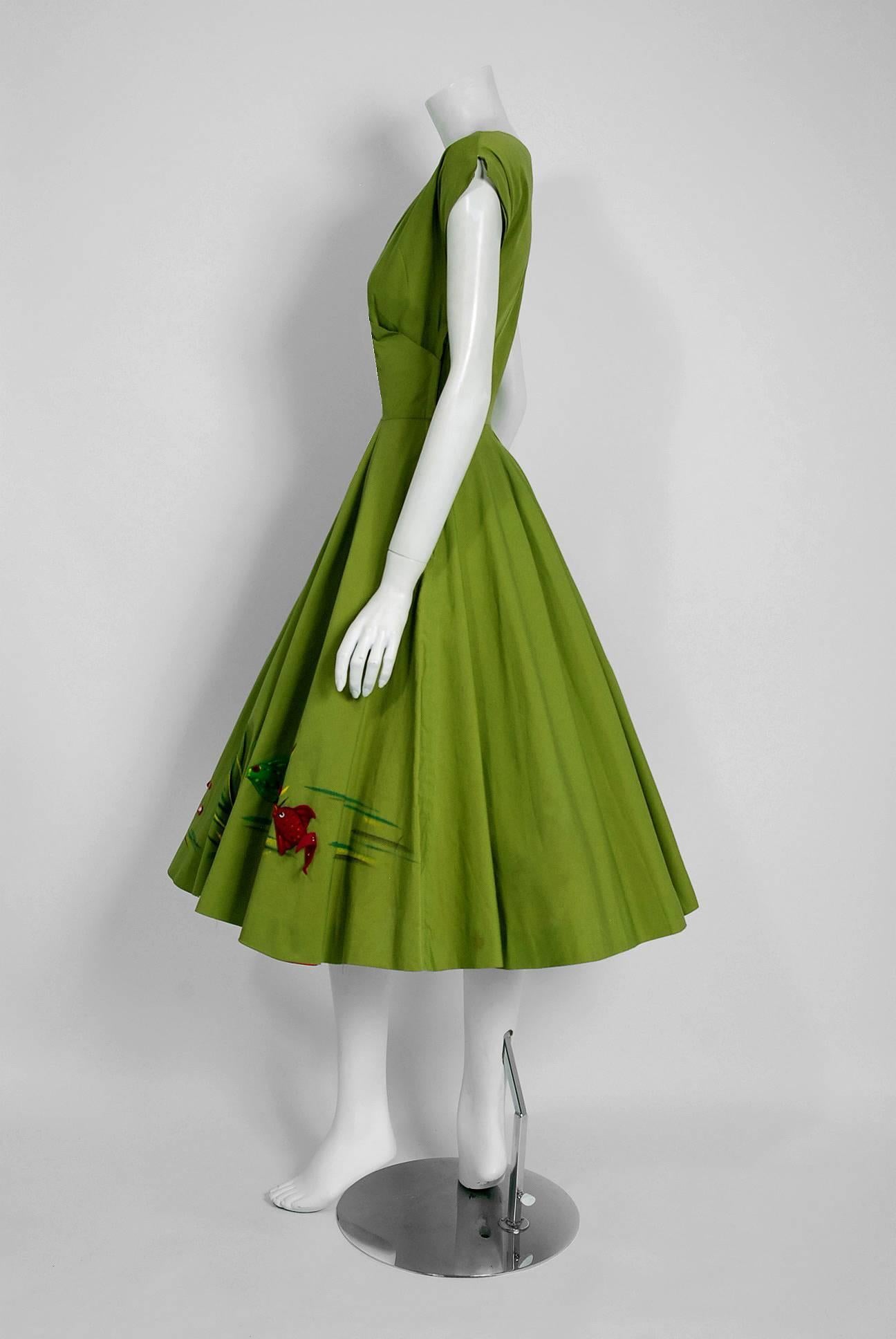 Brown 1950's Under-The-Sea Novelty Handpainted Applique Olive Green Cotton Sun Dress 