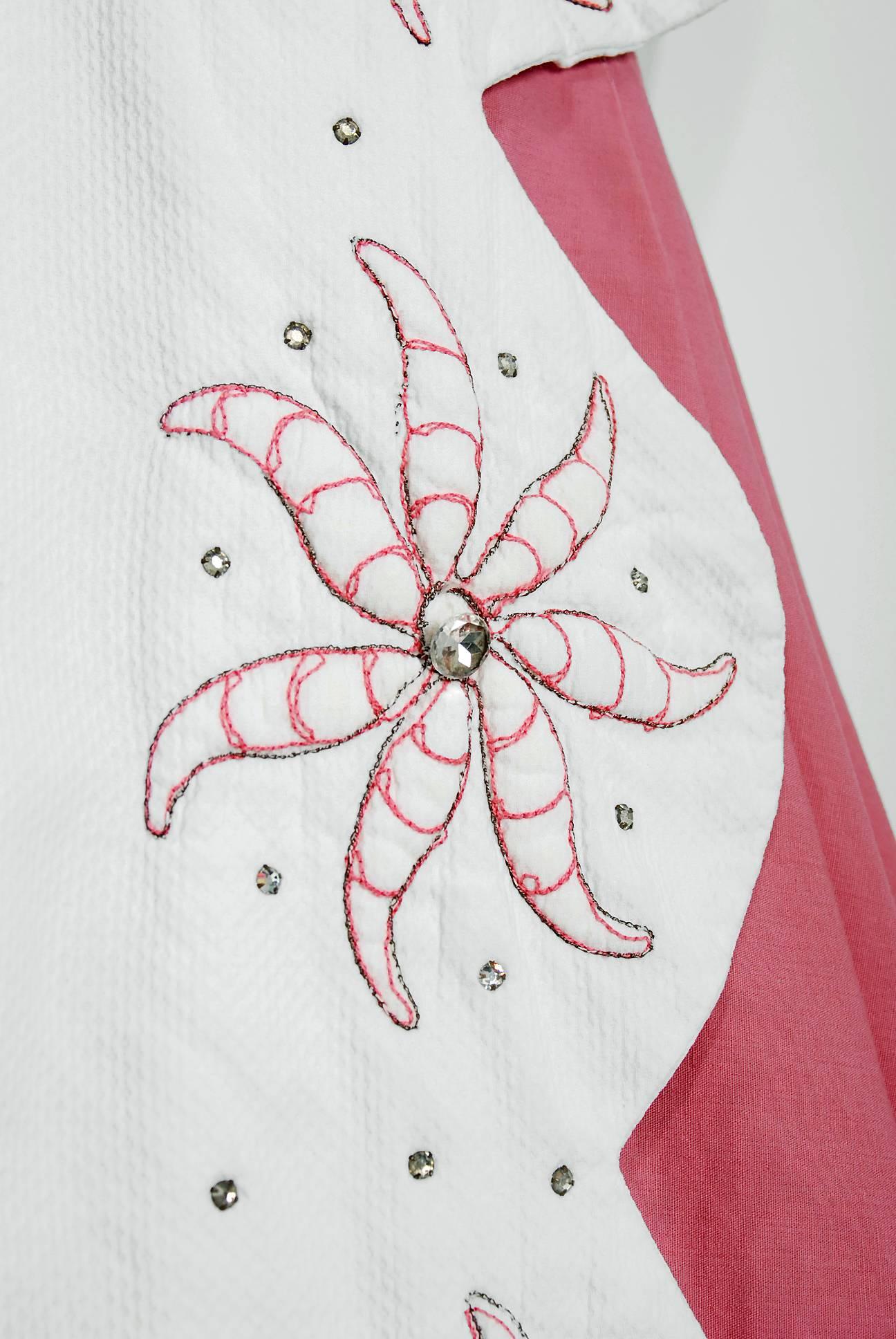 Gray 1950's White Pink Cotton-Pique Rhinestone Embroidered Floral Dress w/Bolero