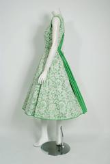 1950's Pat Premo White Lace & Green Cotton Illusion Full Circle-Skirt Sun Dress