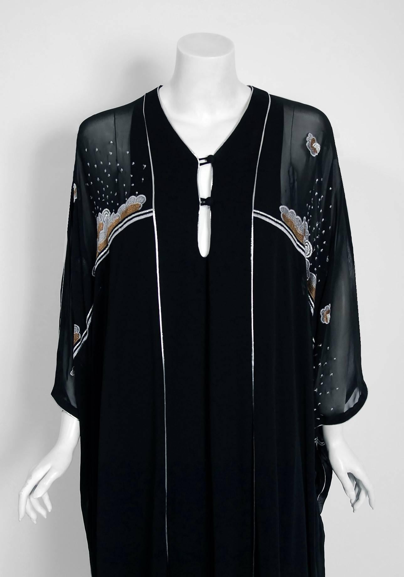 Janice Wainwright Black Chiffon Novelty Sun Rain Embroidery Caftan Dress, 1972 In Excellent Condition In Beverly Hills, CA