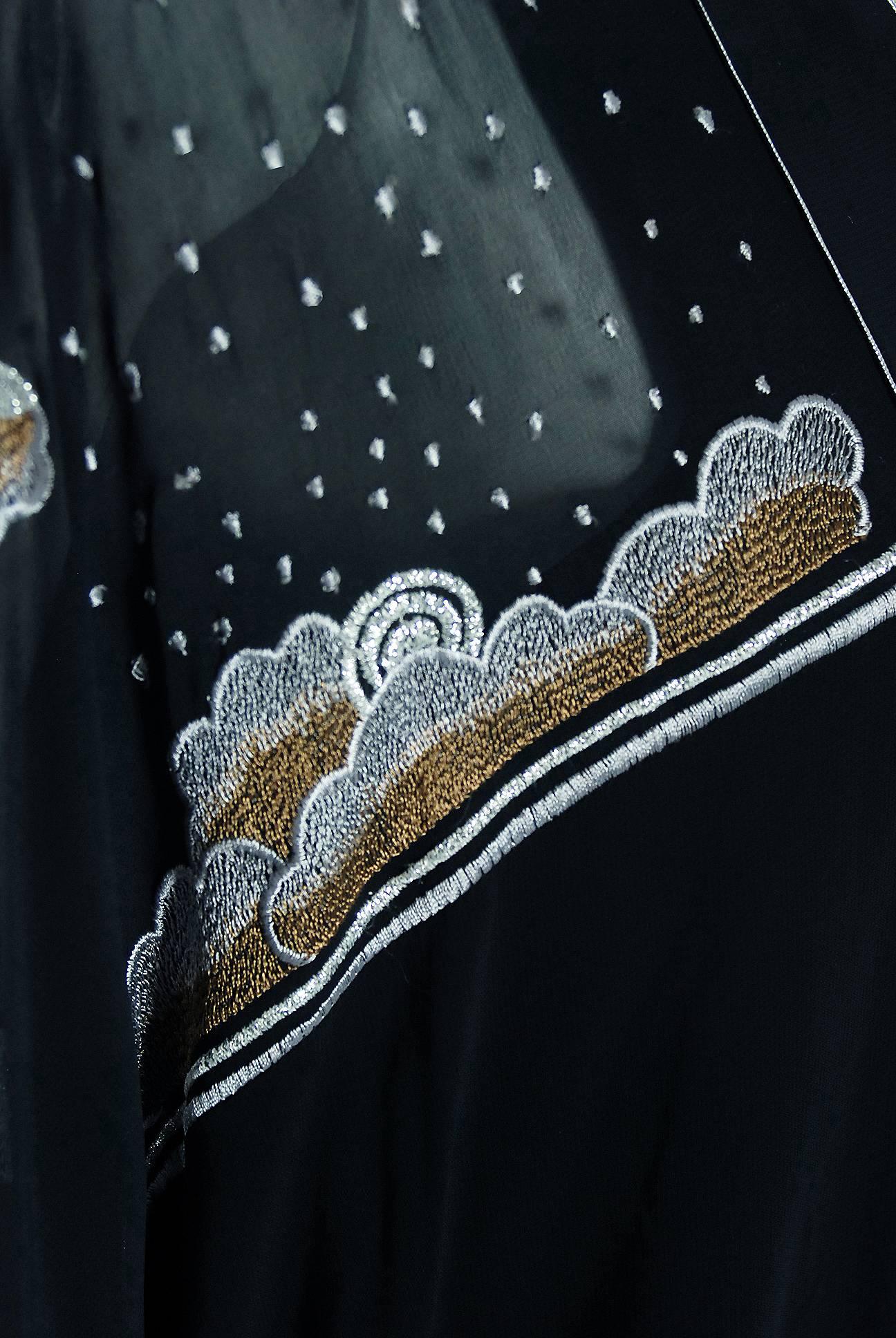Women's or Men's Janice Wainwright Black Chiffon Novelty Sun Rain Embroidery Caftan Dress, 1972