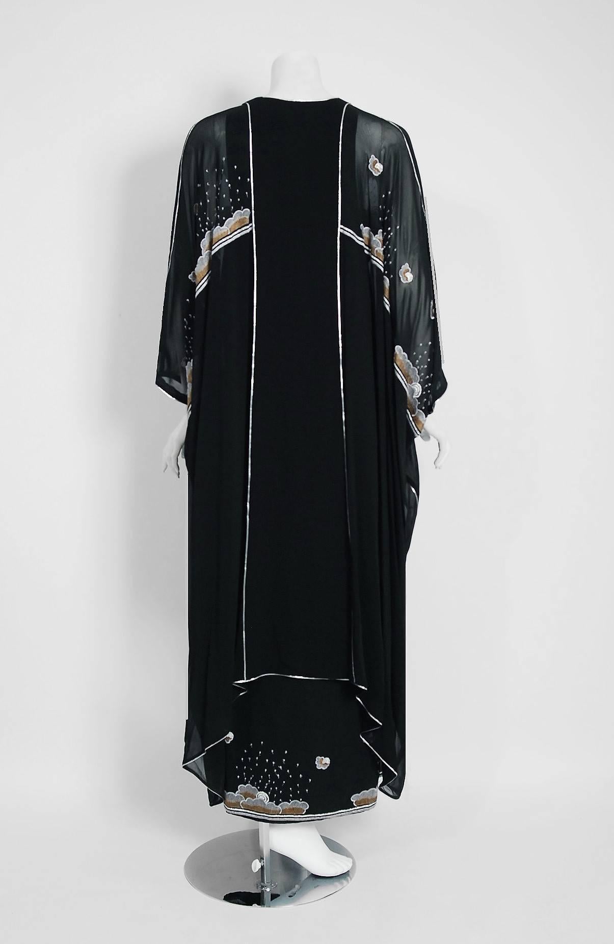 Janice Wainwright Black Chiffon Novelty Sun Rain Embroidery Caftan Dress, 1972 2