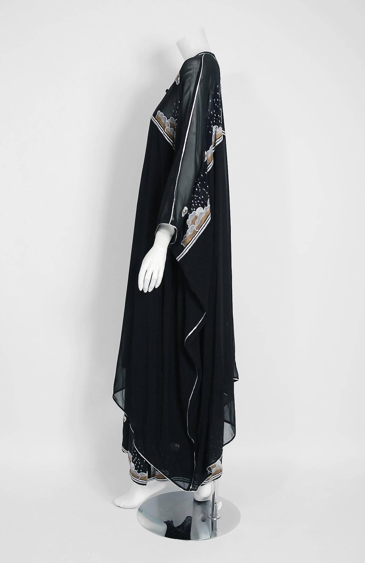Janice Wainwright Black Chiffon Novelty Sun Rain Embroidery Caftan Dress, 1972 1