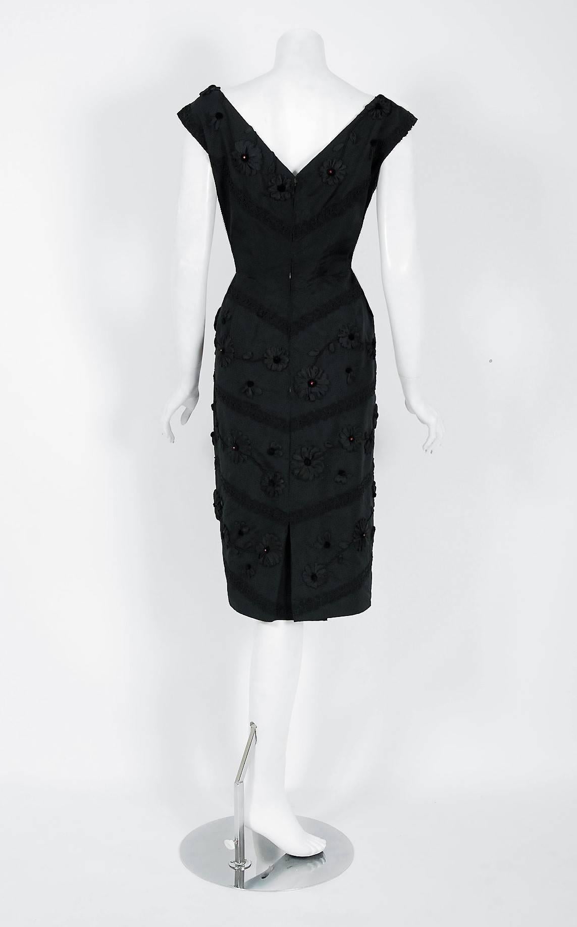 Vintage 1950's Antonelli Italian Couture Black Embroidered Applique Silk Dress In Good Condition In Beverly Hills, CA