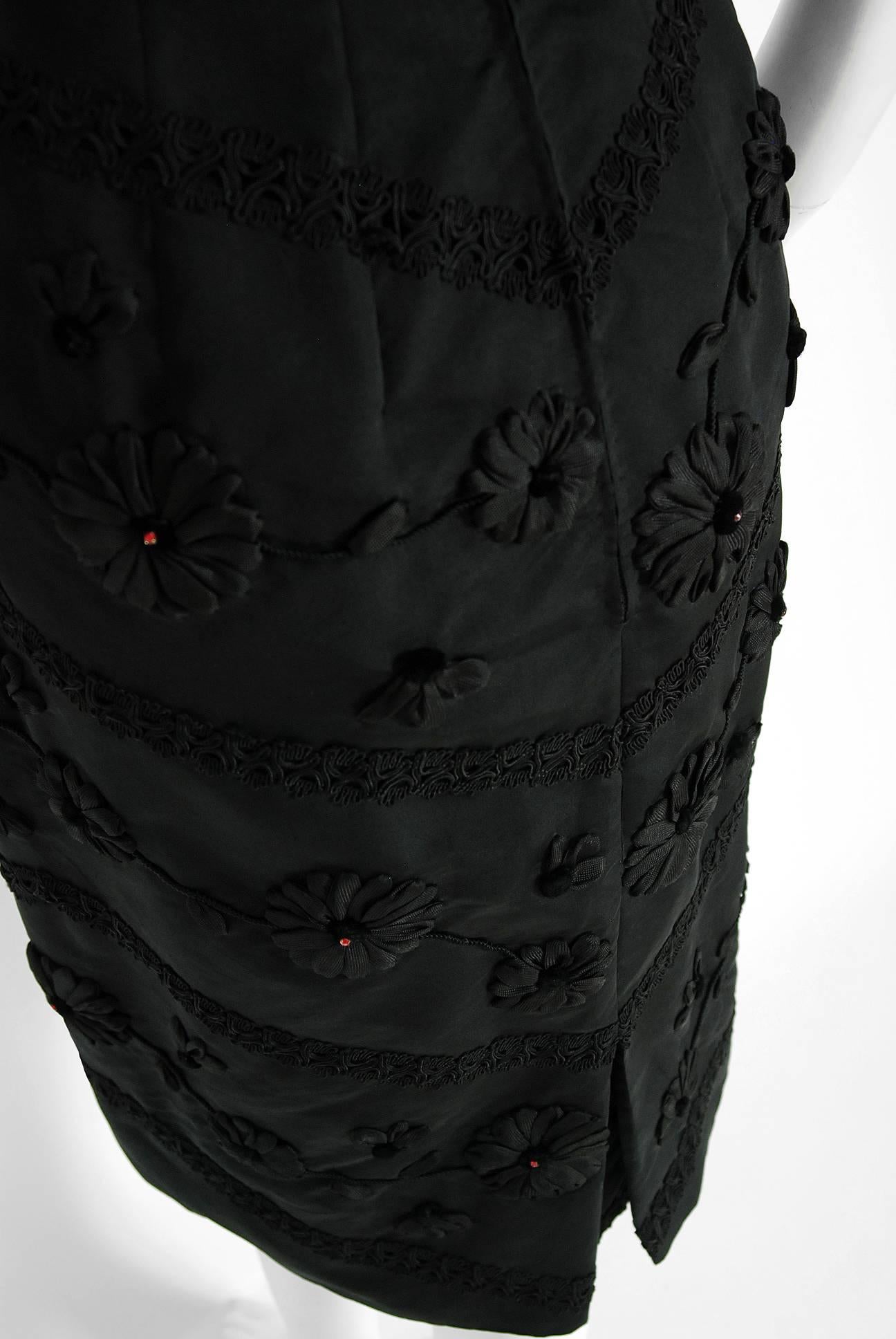 Women's Vintage 1950's Antonelli Italian Couture Black Embroidered Applique Silk Dress