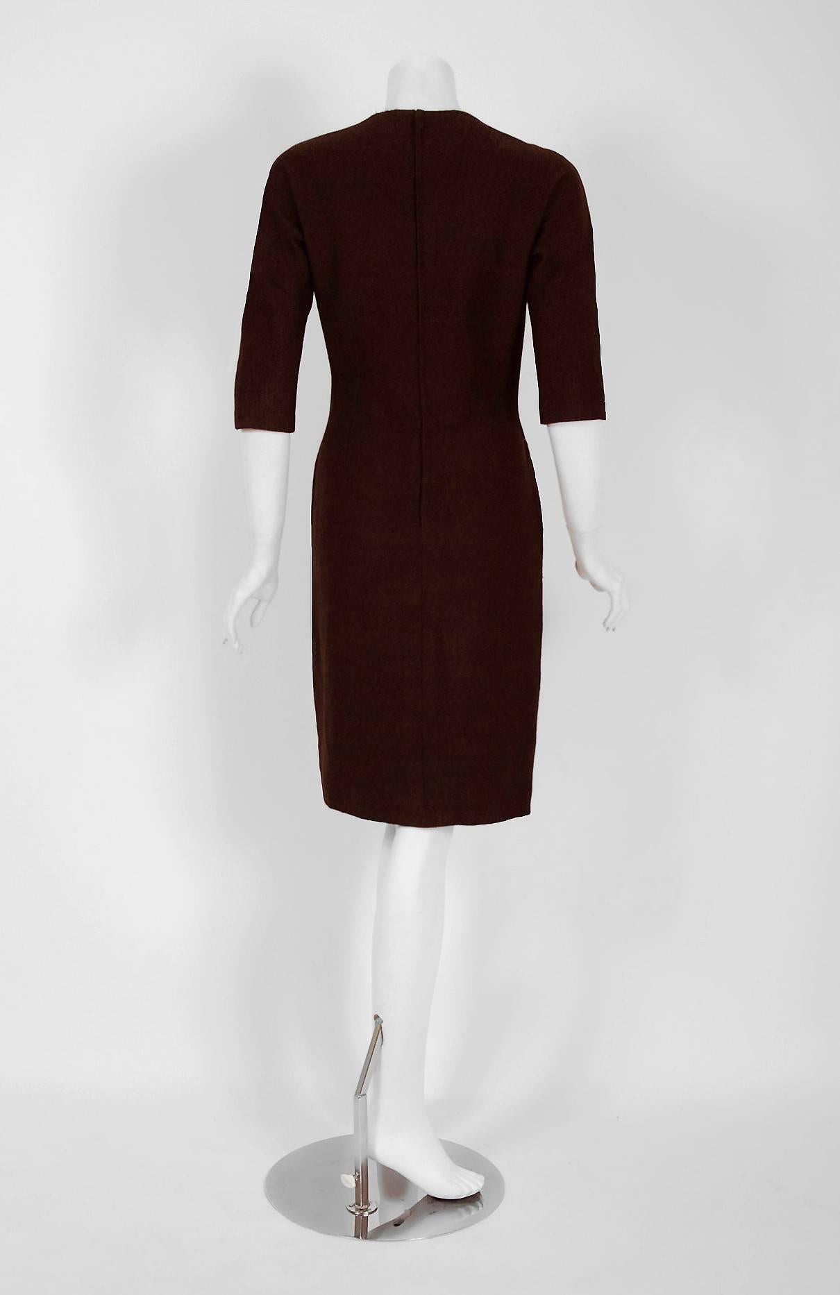 Black Vintage 1955 Sorelle Fontana Couture Brown Wool Sculpted Buckle Wiggle Dress
