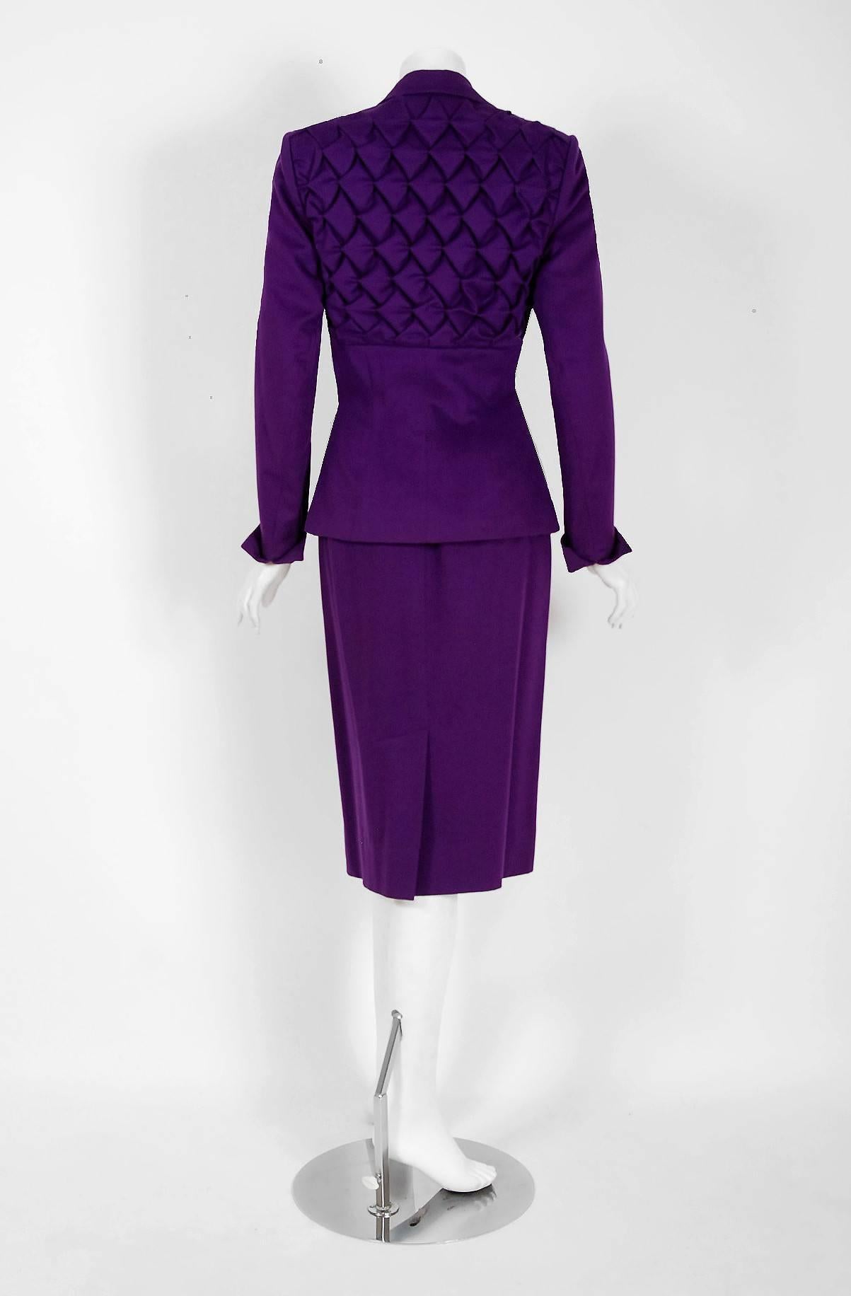 Women's 1940's Lilli-Ann Purple Ruched Wool Rhinestone Tailored Hourglass Skirt Suit  